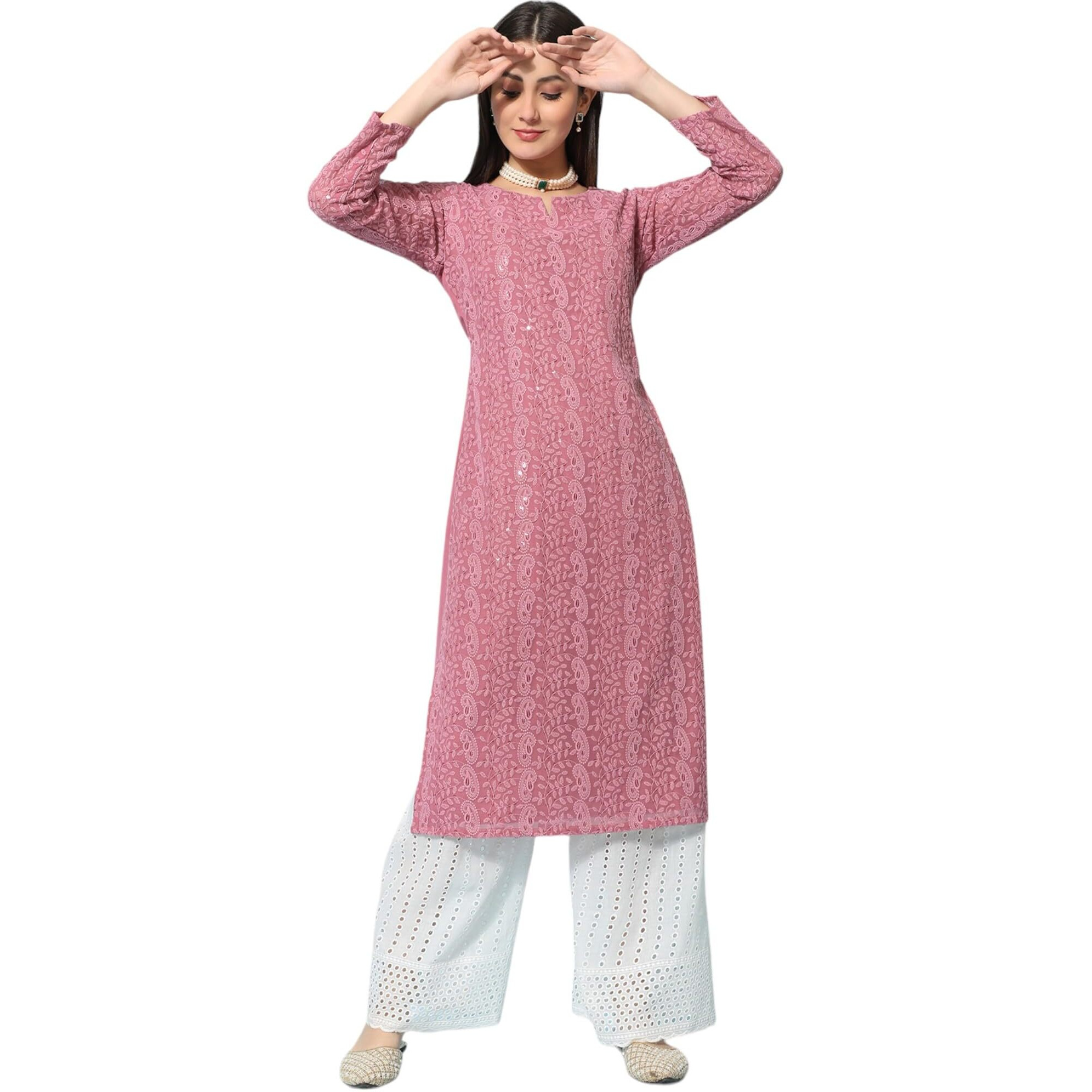 Gufrina Women's Georgette Straight Kurta Palazzo With Notch Neck 3/4Th Sleeves Solid Pattern Chikankari Work Calf Length And Regular Fit