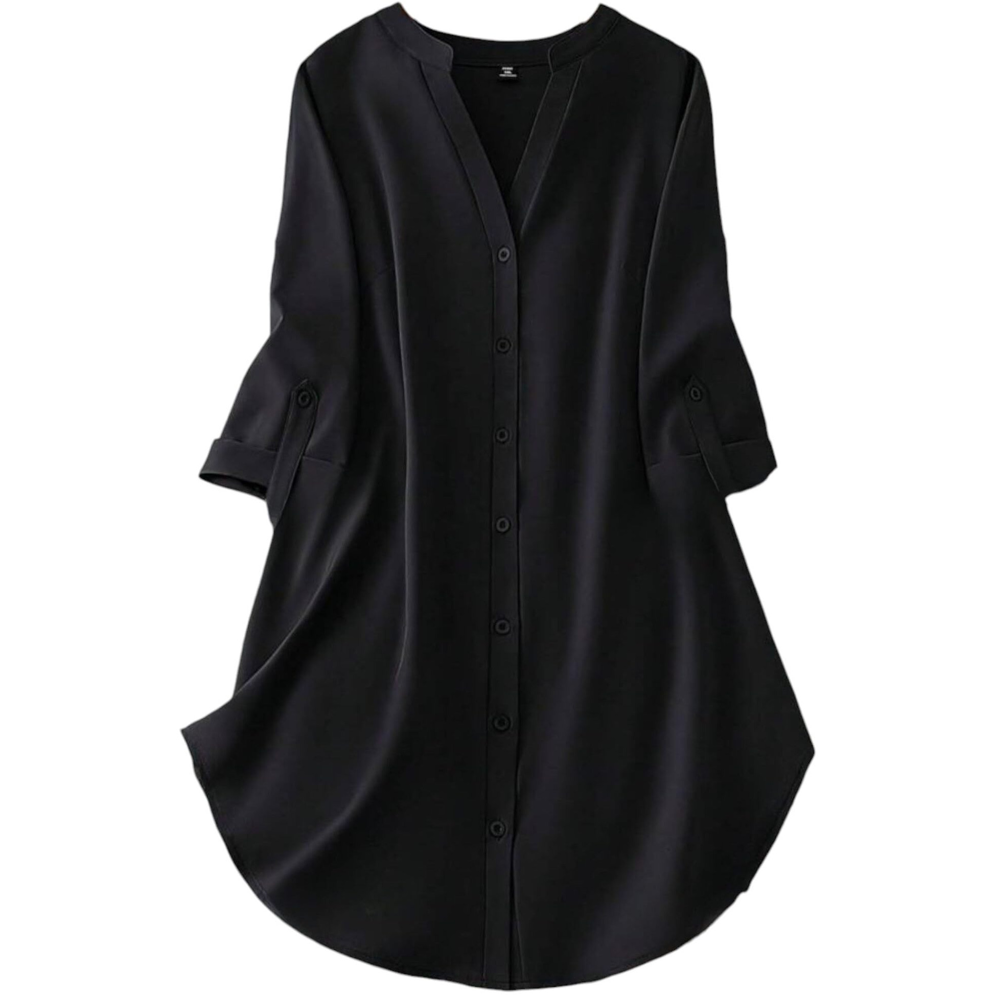 Gufrina Women's Rayon Top With 3/4Th Sleeves Mandarin Collar Neck Solid Pattern A Line Style Knee-Length And Regular Fit Black