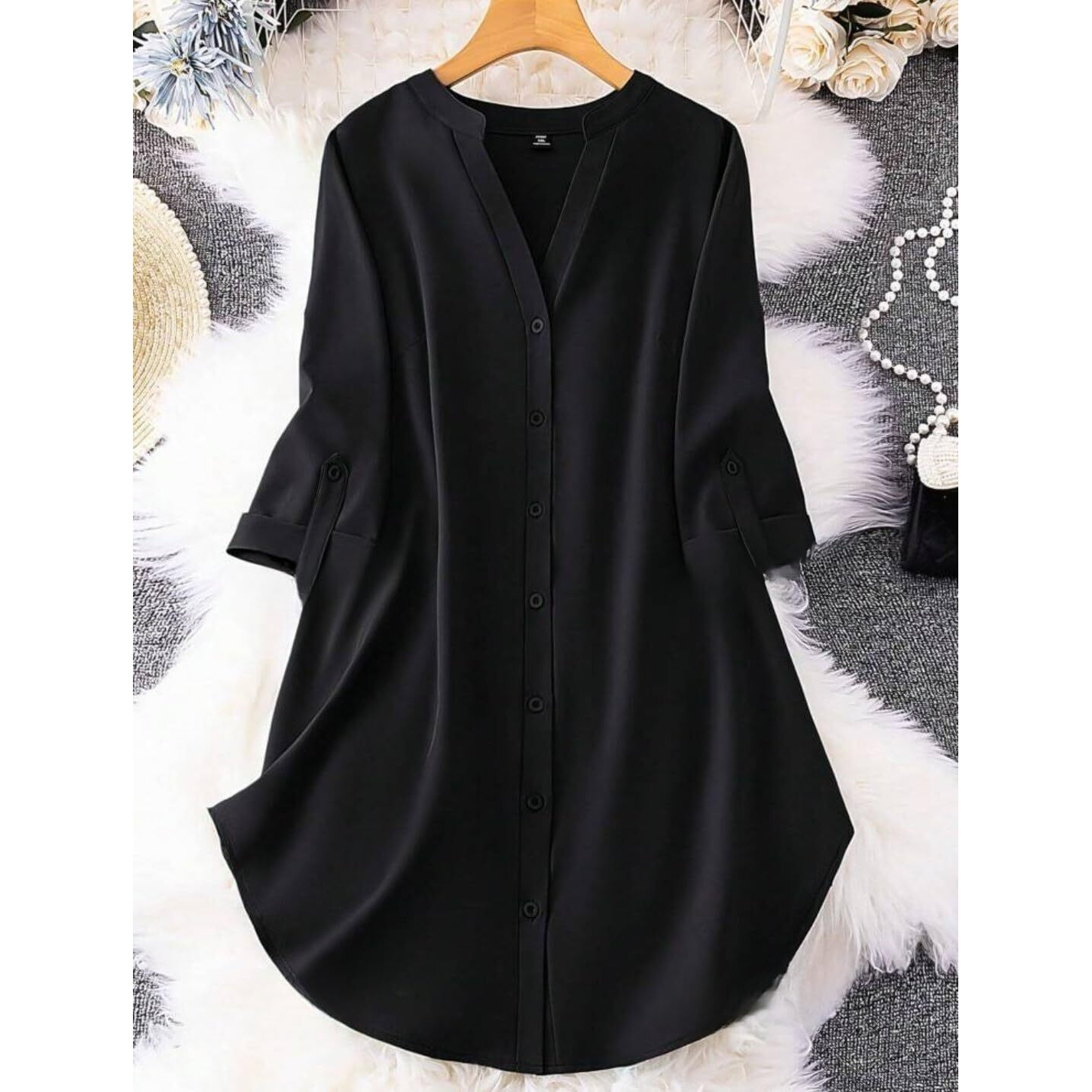 Gufrina Women's Rayon Top With 3/4Th Sleeves Mandarin Collar Neck Solid Pattern A Line Style Knee-Length And Regular Fit Black
