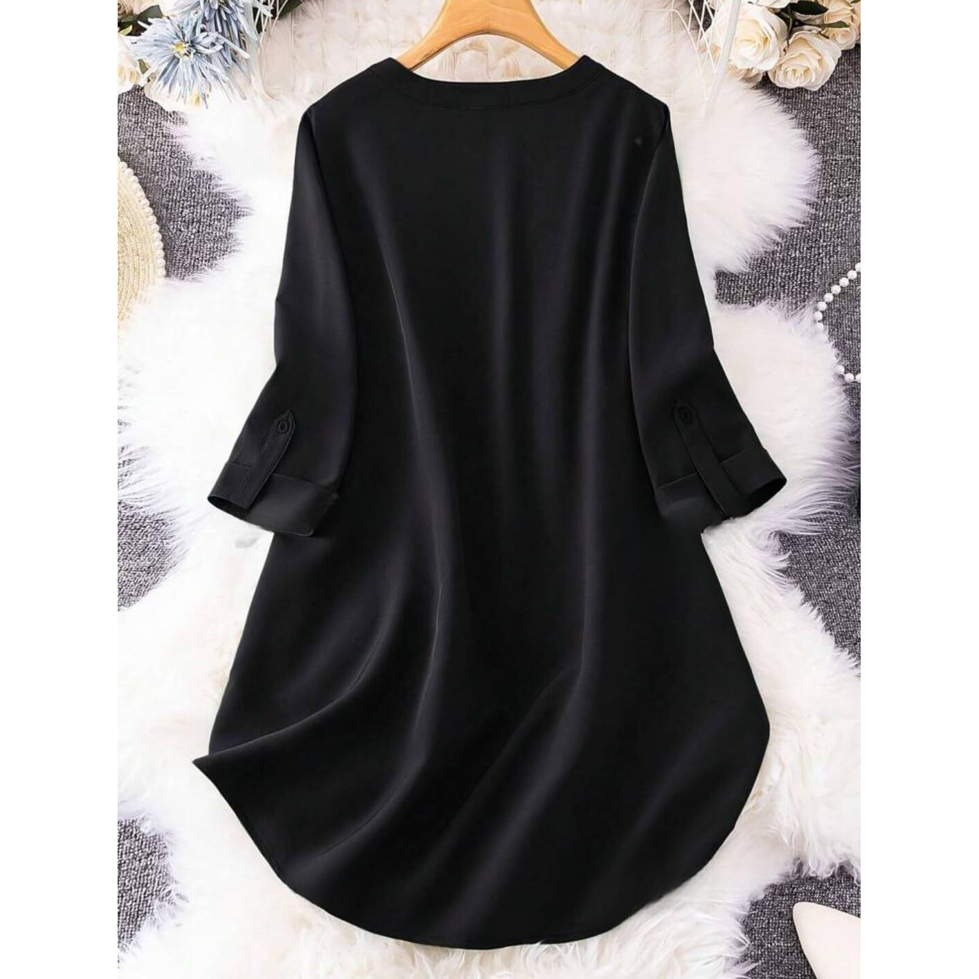 Gufrina Women's Rayon Top With 3/4Th Sleeves Mandarin Collar Neck Solid Pattern A Line Style Knee-Length And Regular Fit Black