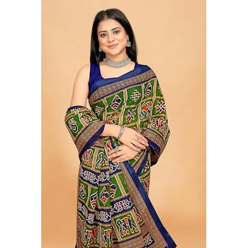 Tamaira Fashion Women's Patola Printed Pure Cotton Mulmul Saree Without Blouse Piece(11389_Green)