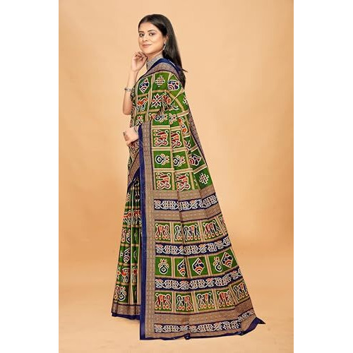 Tamaira Fashion Women's Patola Printed Pure Cotton Mulmul Saree Without Blouse Piece(11389_Green)
