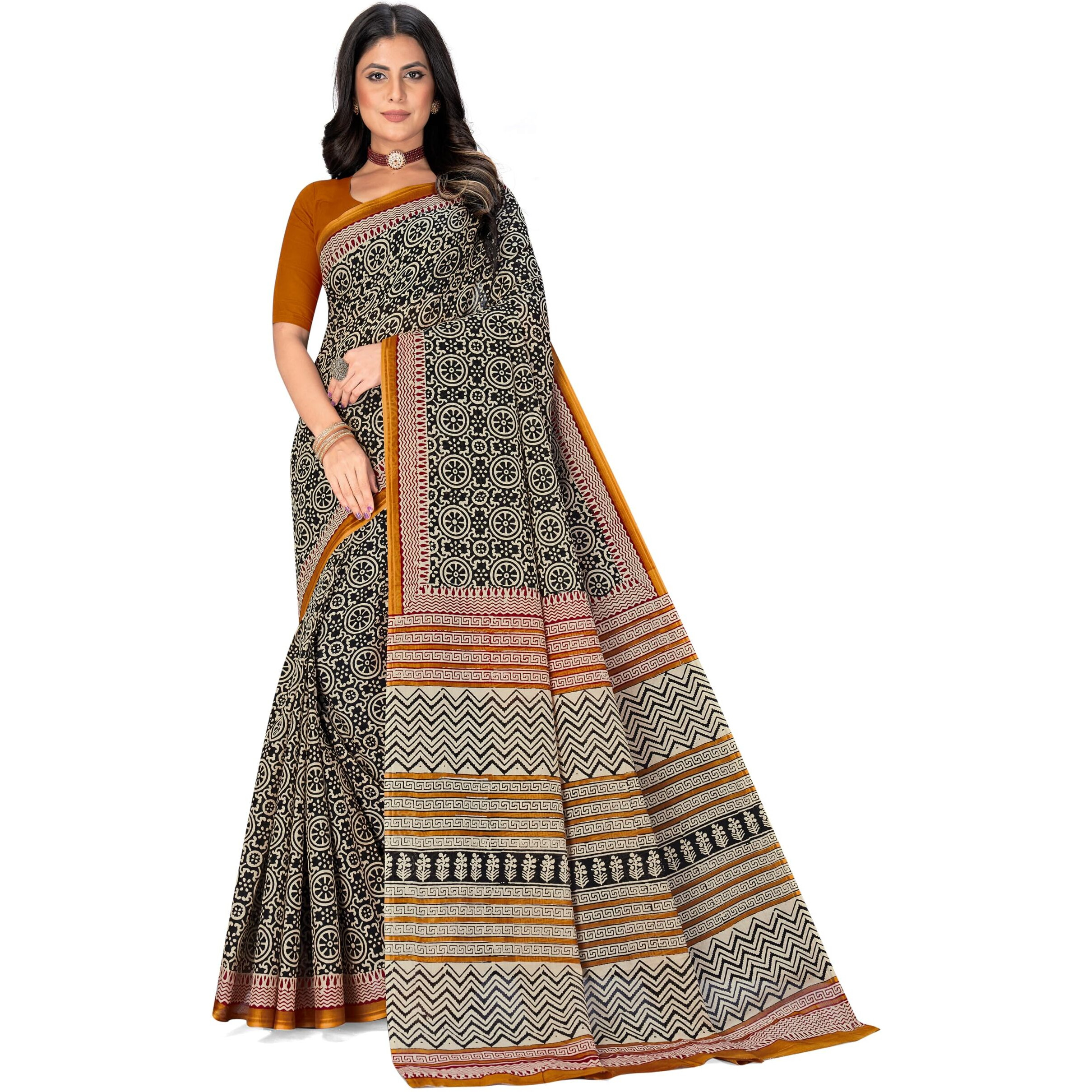 Tamaira Fashion Women's Hand Block Printed Pure Cotton Mulmul Saree Without Blouse Piece(2506_Black)