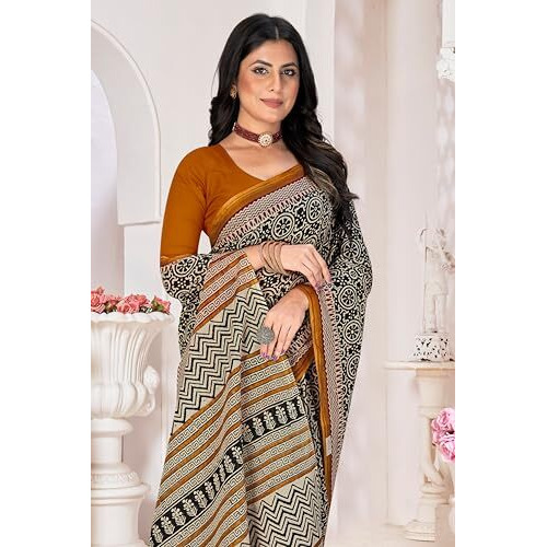 Tamaira Fashion Women's Hand Block Printed Pure Cotton Mulmul Saree Without Blouse Piece(2506_Black)