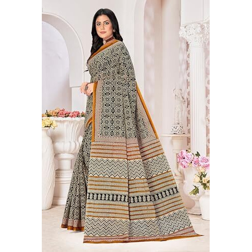 Tamaira Fashion Women's Hand Block Printed Pure Cotton Mulmul Saree Without Blouse Piece(2506_Black)