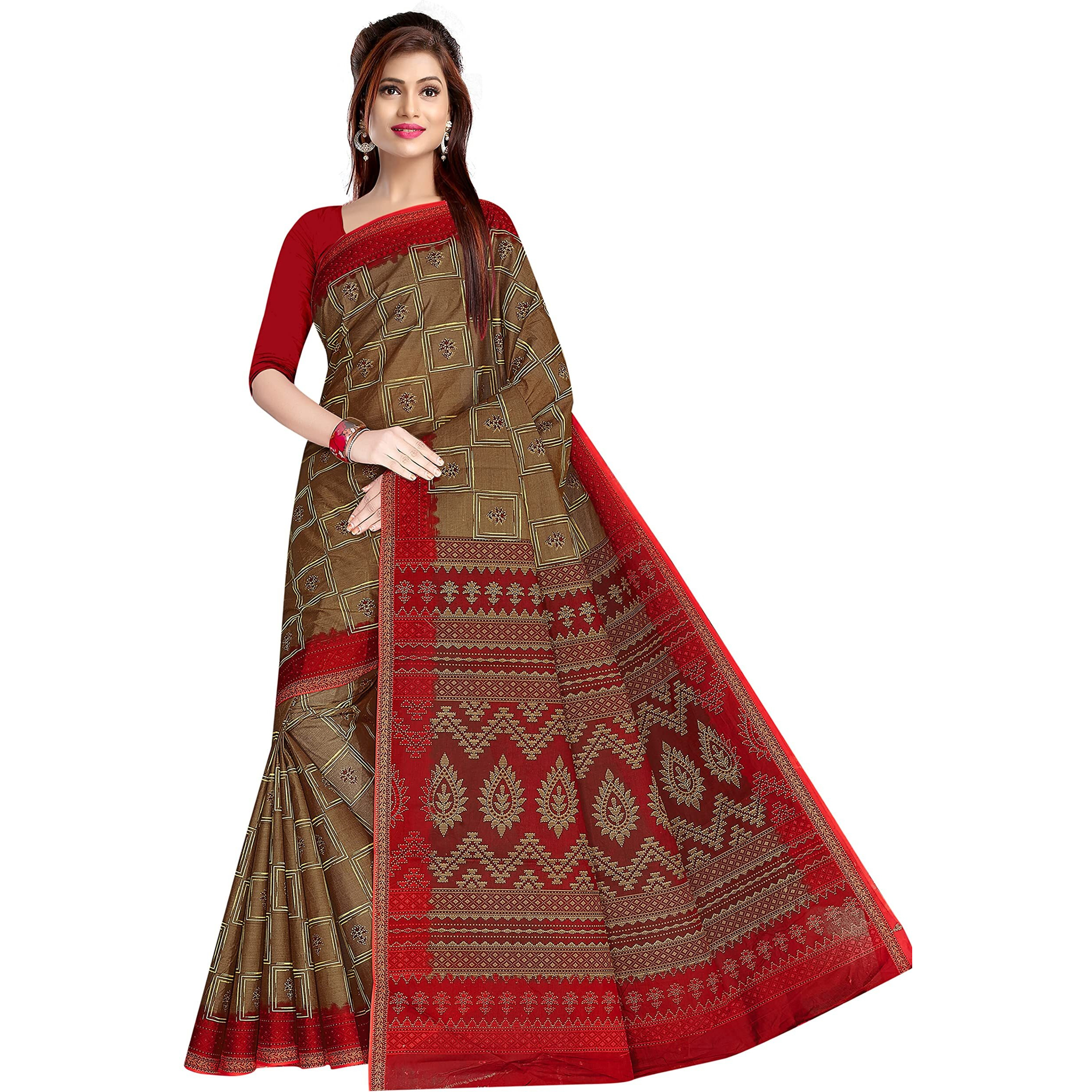 Tamaira Fashion Women's Plain Weave Pure Cotton Saree Without Blouse Piece(1901_Brownandred)