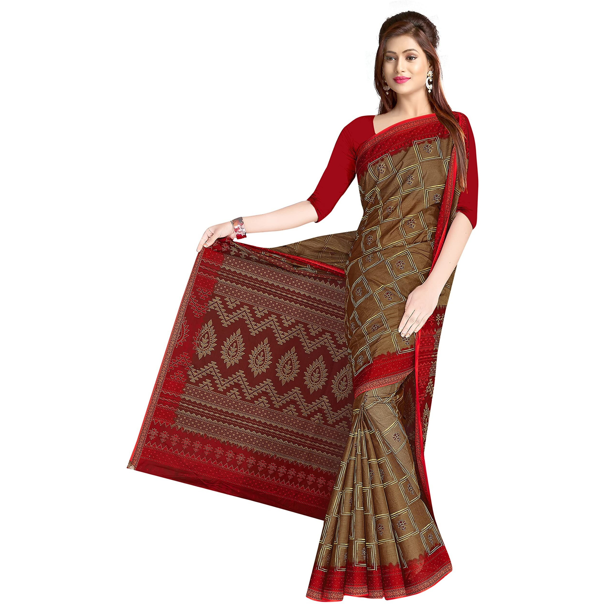 Tamaira Fashion Women's Plain Weave Pure Cotton Saree Without Blouse Piece(1901_Brownandred)