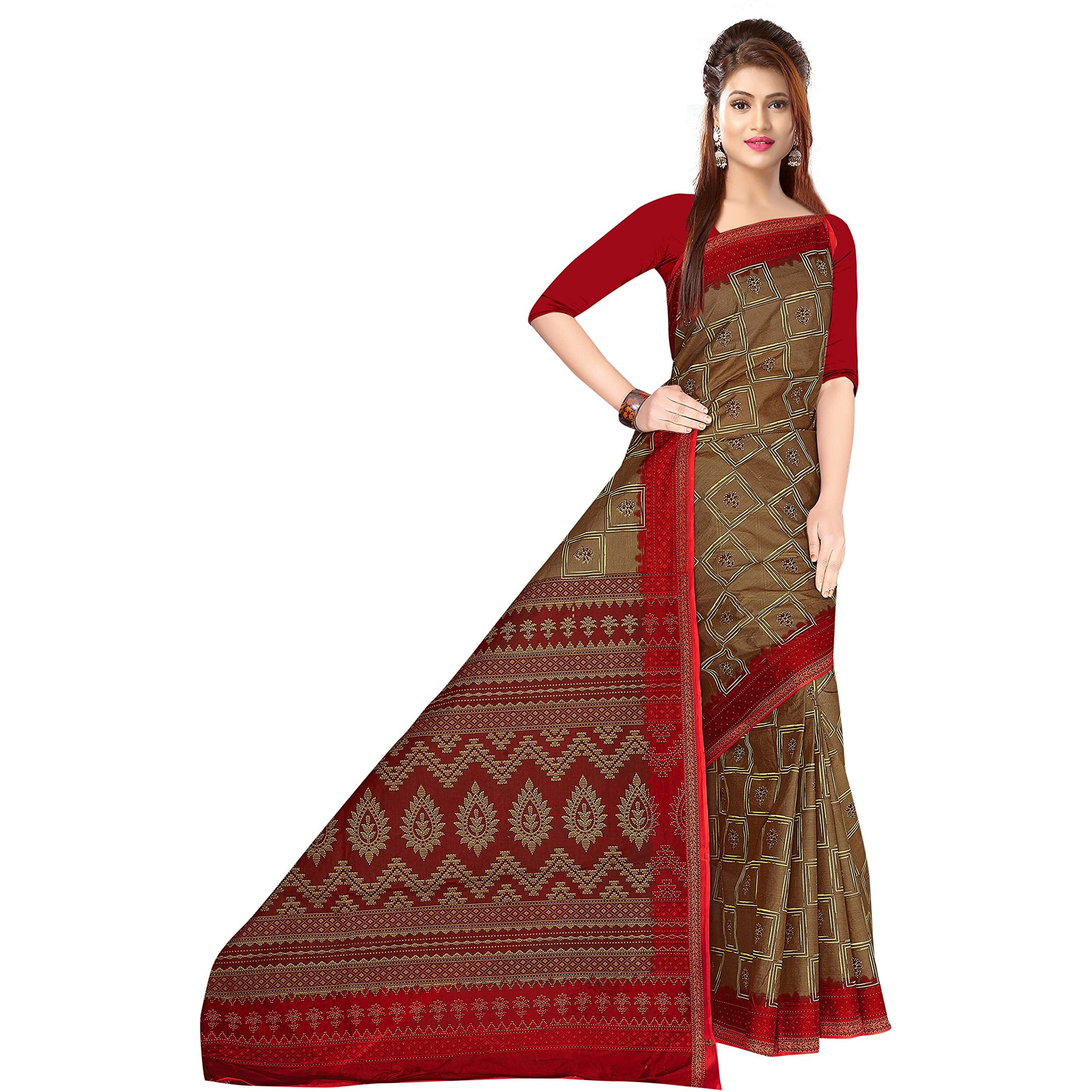 Tamaira Fashion Women's Plain Weave Pure Cotton Saree Without Blouse Piece(1901_Brownandred)