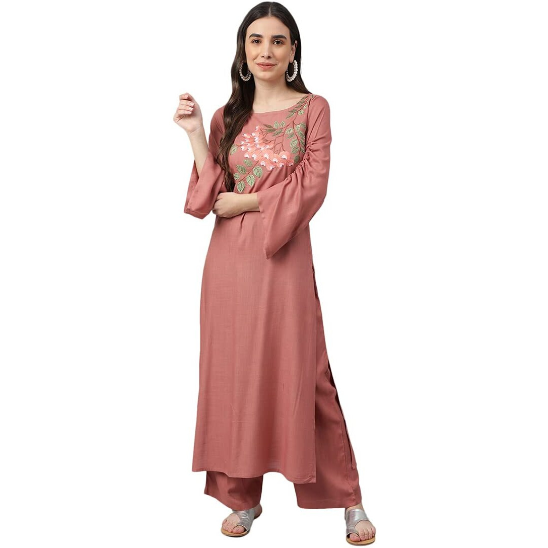 Idalia Rose Gold Embroidered Straight Rayon Kurta With Palazzo Pants