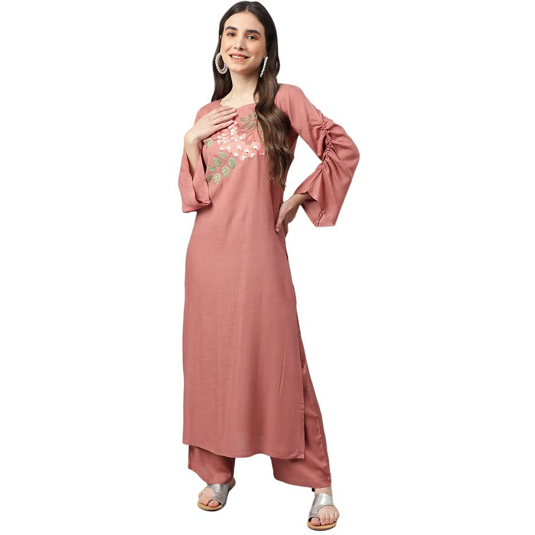 Idalia Rose Gold Embroidered Straight Rayon Kurta With Palazzo Pants