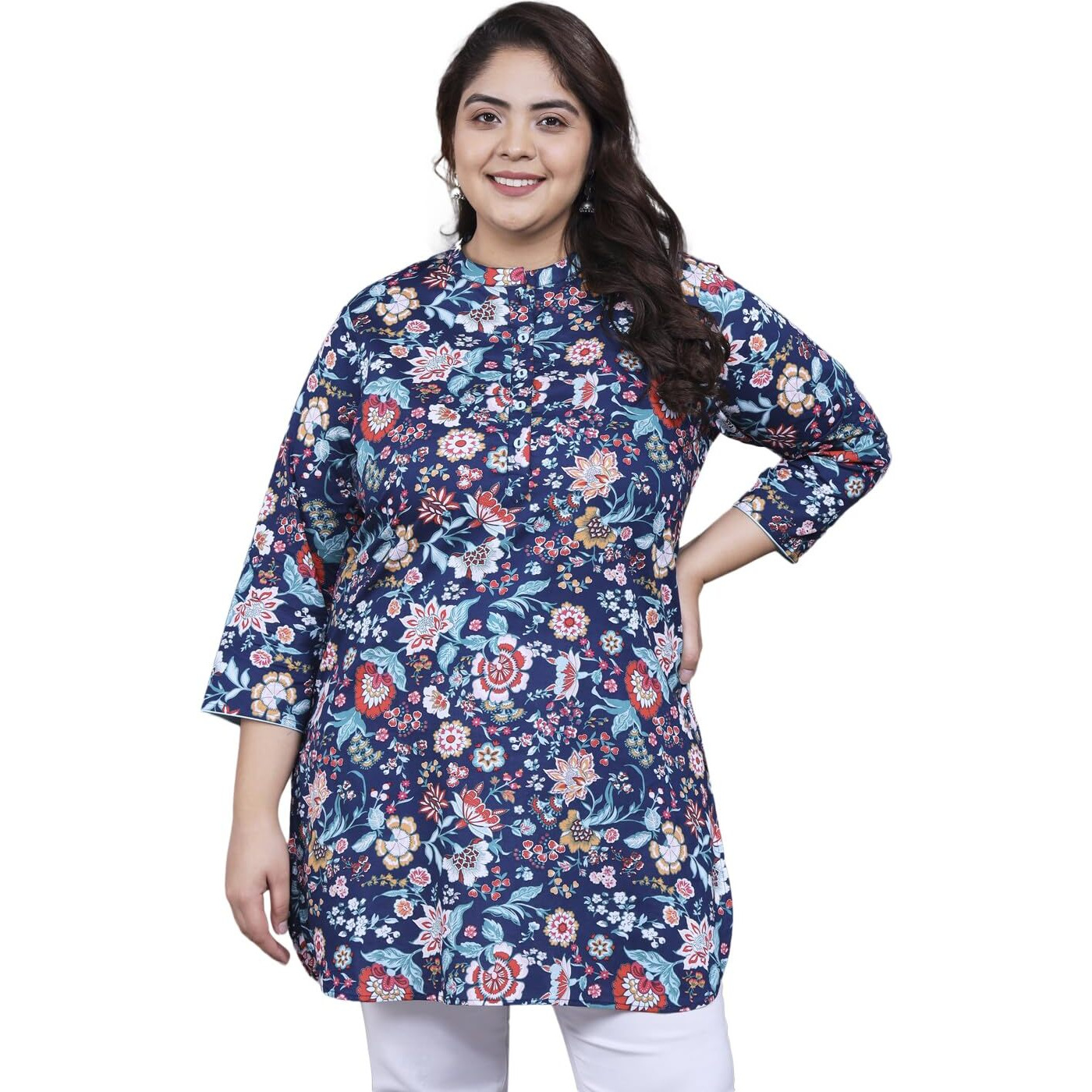Tissu Women's Plus Size Navy Blue Floral Printed Pure Cotton Kurti (2268_Blue_4Xl)