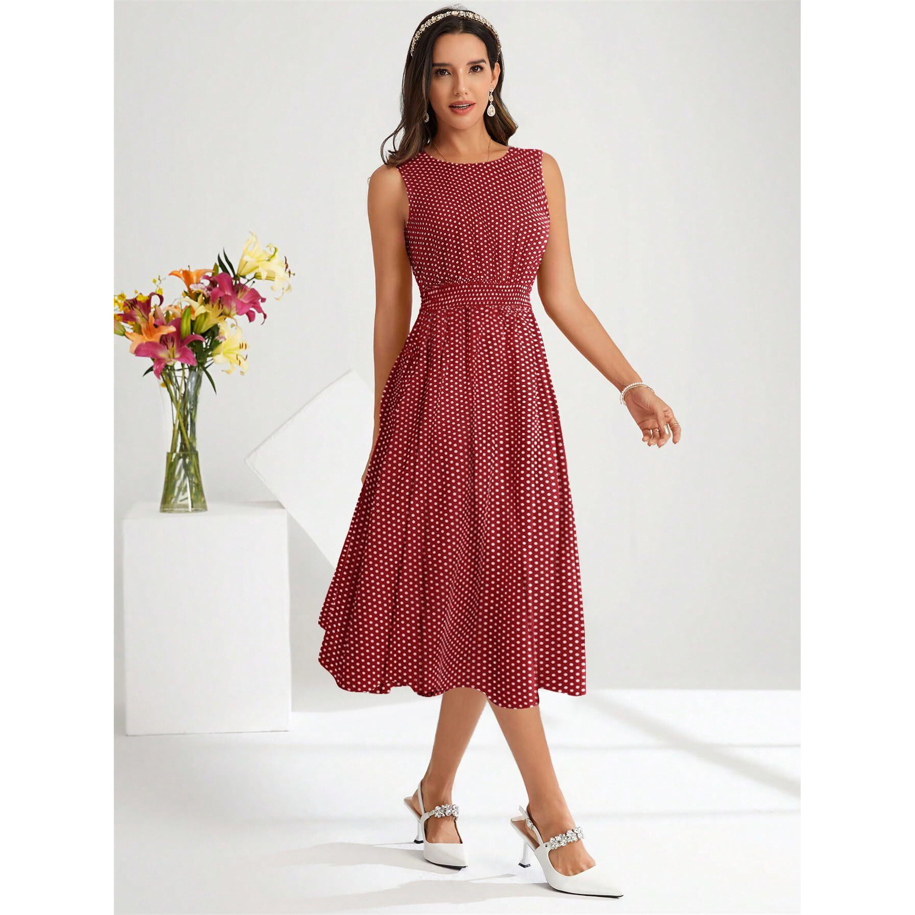 Toochki Dress For Women| One Piece Dress For Women | Midi Dress For Women | Fit And Flared Dress For Women | Maroon Polka Dot Dress | Dresses | Muslin Dress For Women