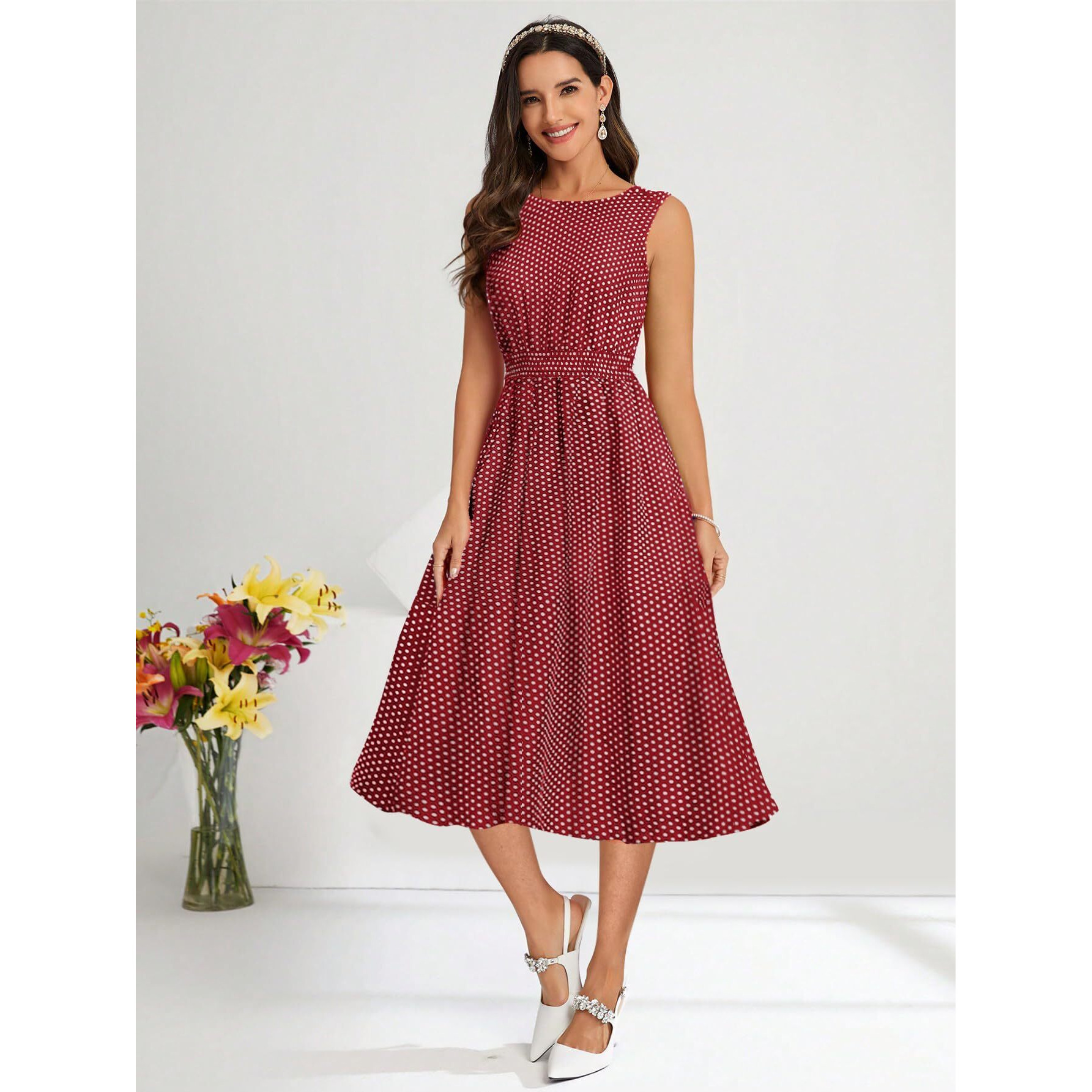 Toochki Dress For Women| One Piece Dress For Women | Midi Dress For Women | Fit And Flared Dress For Women | Maroon Polka Dot Dress | Dresses | Muslin Dress For Women