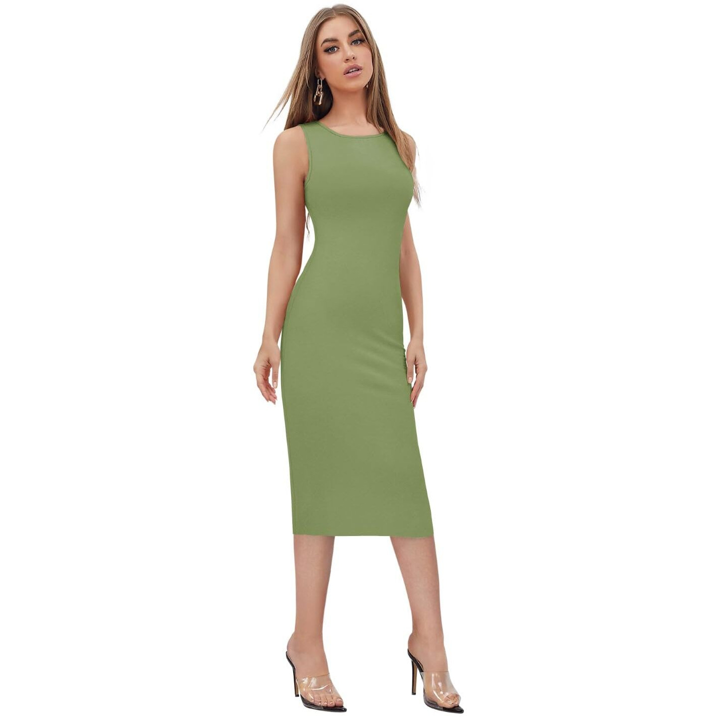 Toochki Women's Lycra Bodycon Midi Dress (Toochki248-Dr_Olive Green