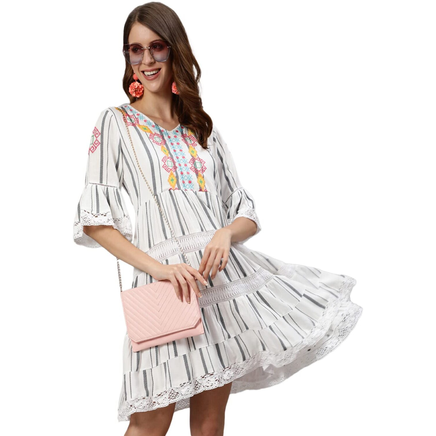 Ishin Women's Rayon White Embroidered A-Line Dress