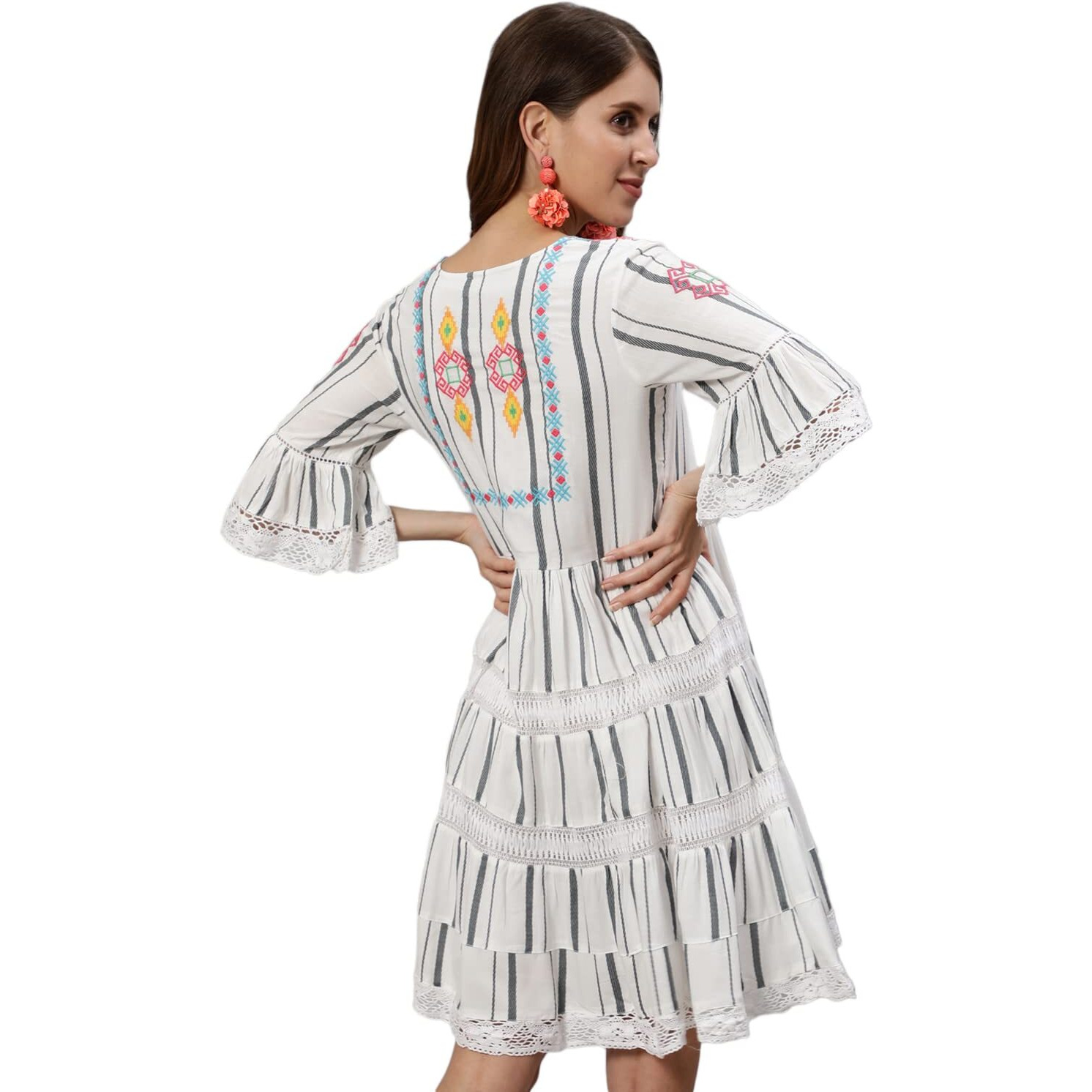 Ishin Women's Rayon White Embroidered A-Line Dress