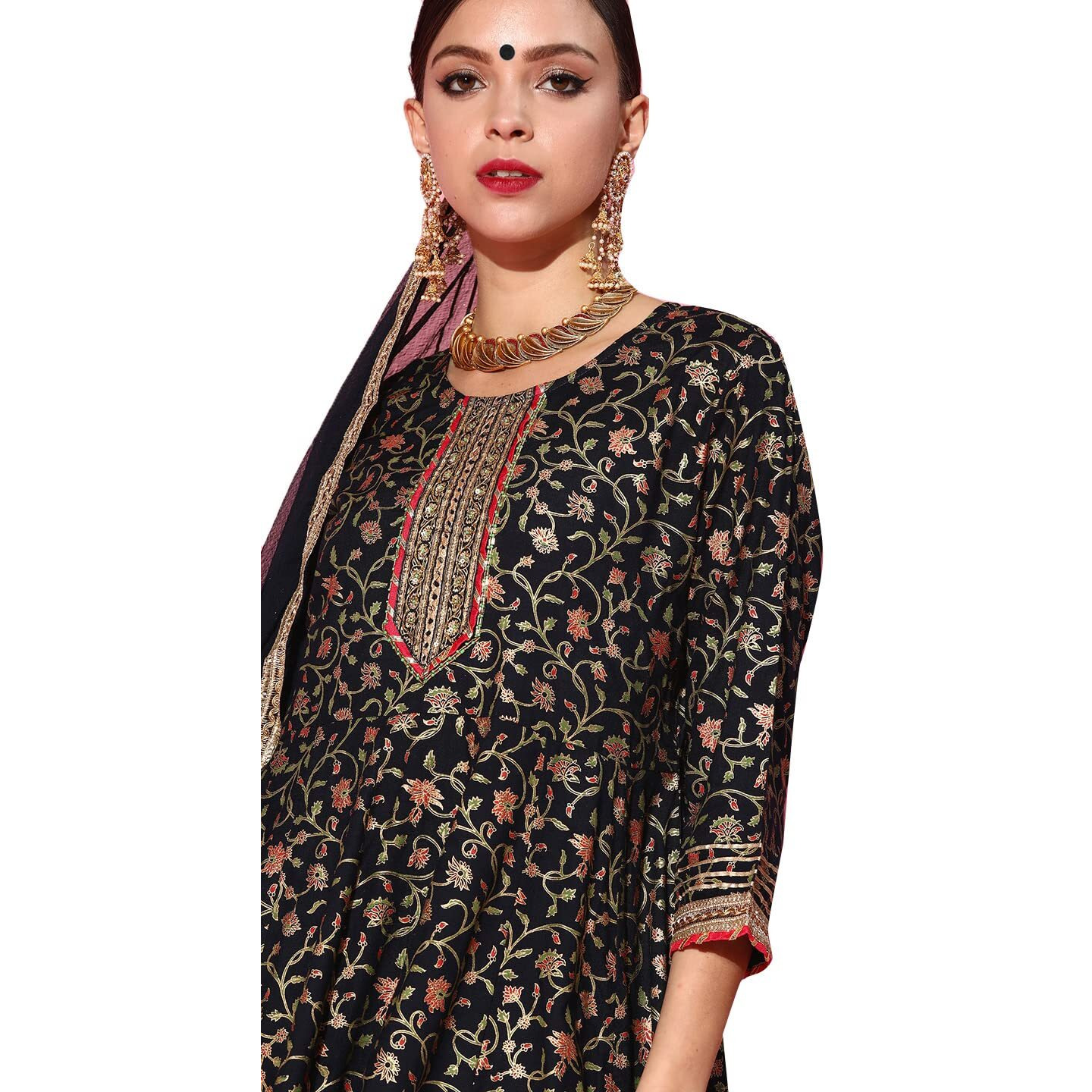 Ishin Women's Cotton Anarkali Embroidered Kurta Suit Set With Dupatta & Sharara Kpldsrd-19063_S_Navy Blue