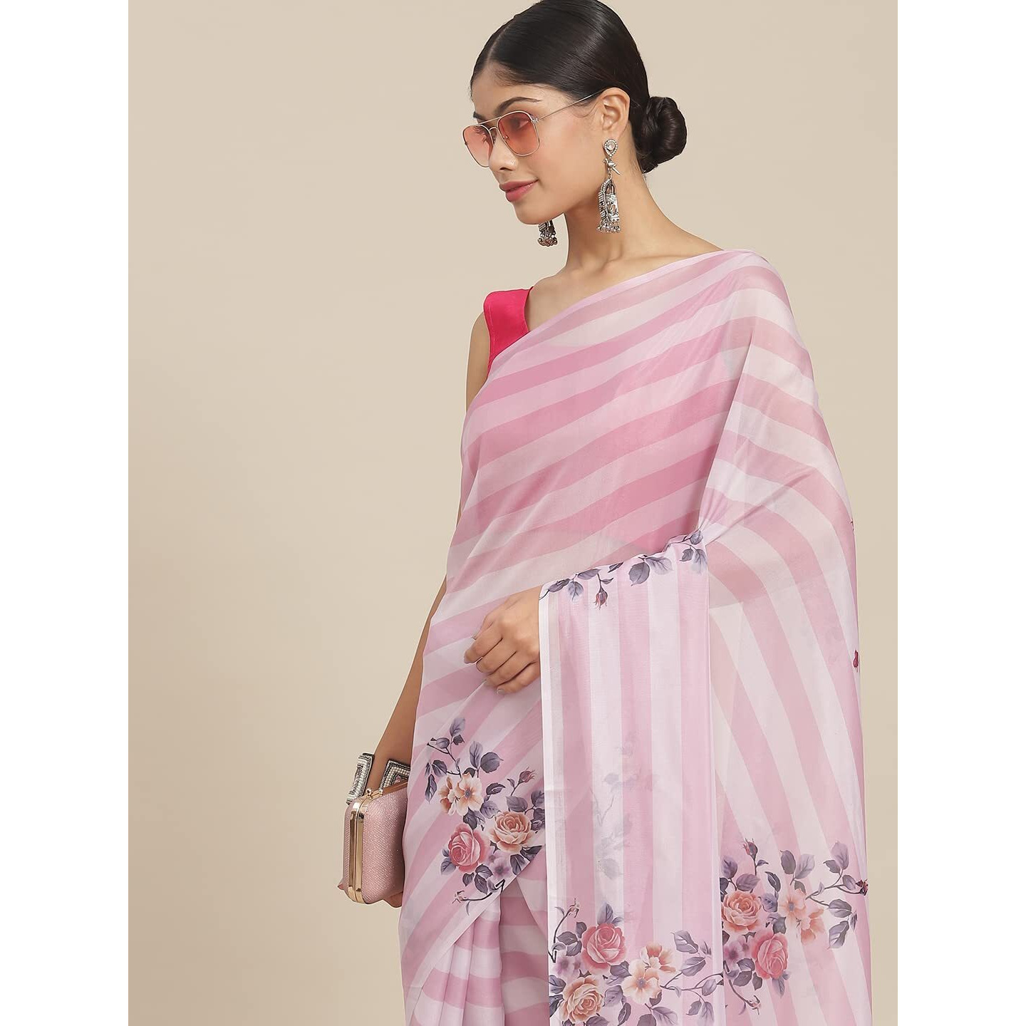 Ishin Women's Silk Blend Pink Printed Saree With Blouse Piece