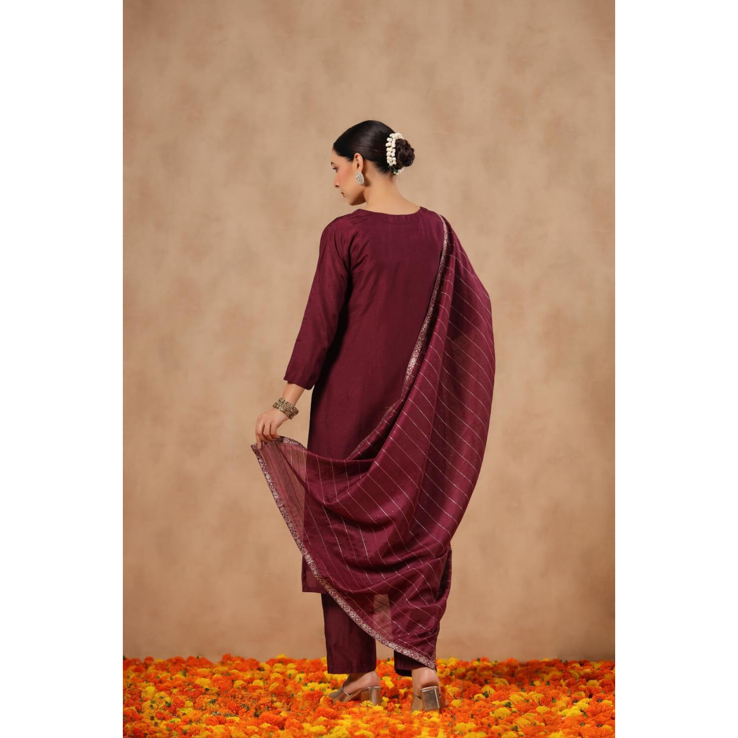 Ishin Women's Poly Silk Self Design Magenta Straight Kurta Suit Set With Trousers And Dupatta