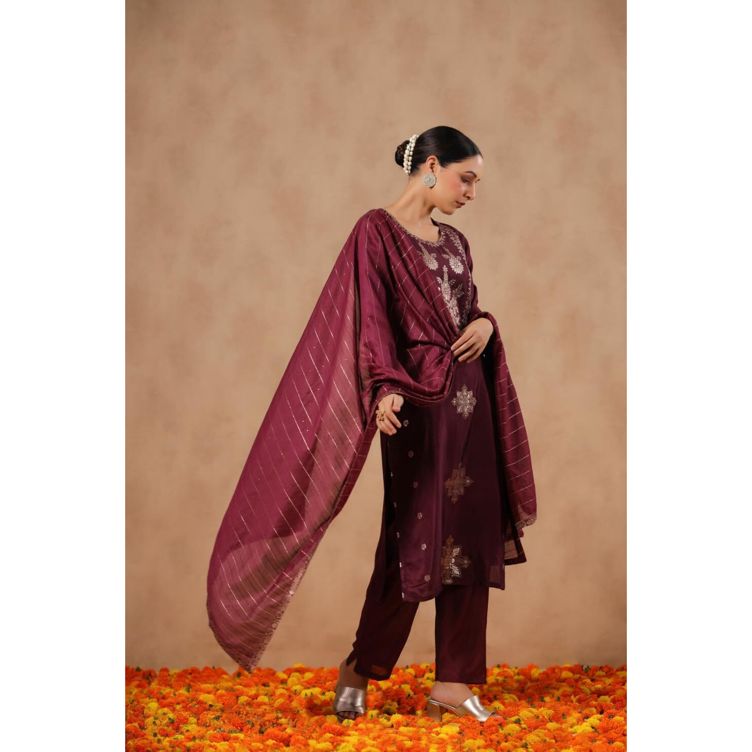 Ishin Women's Poly Silk Self Design Magenta Straight Kurta Suit Set With Trousers And Dupatta
