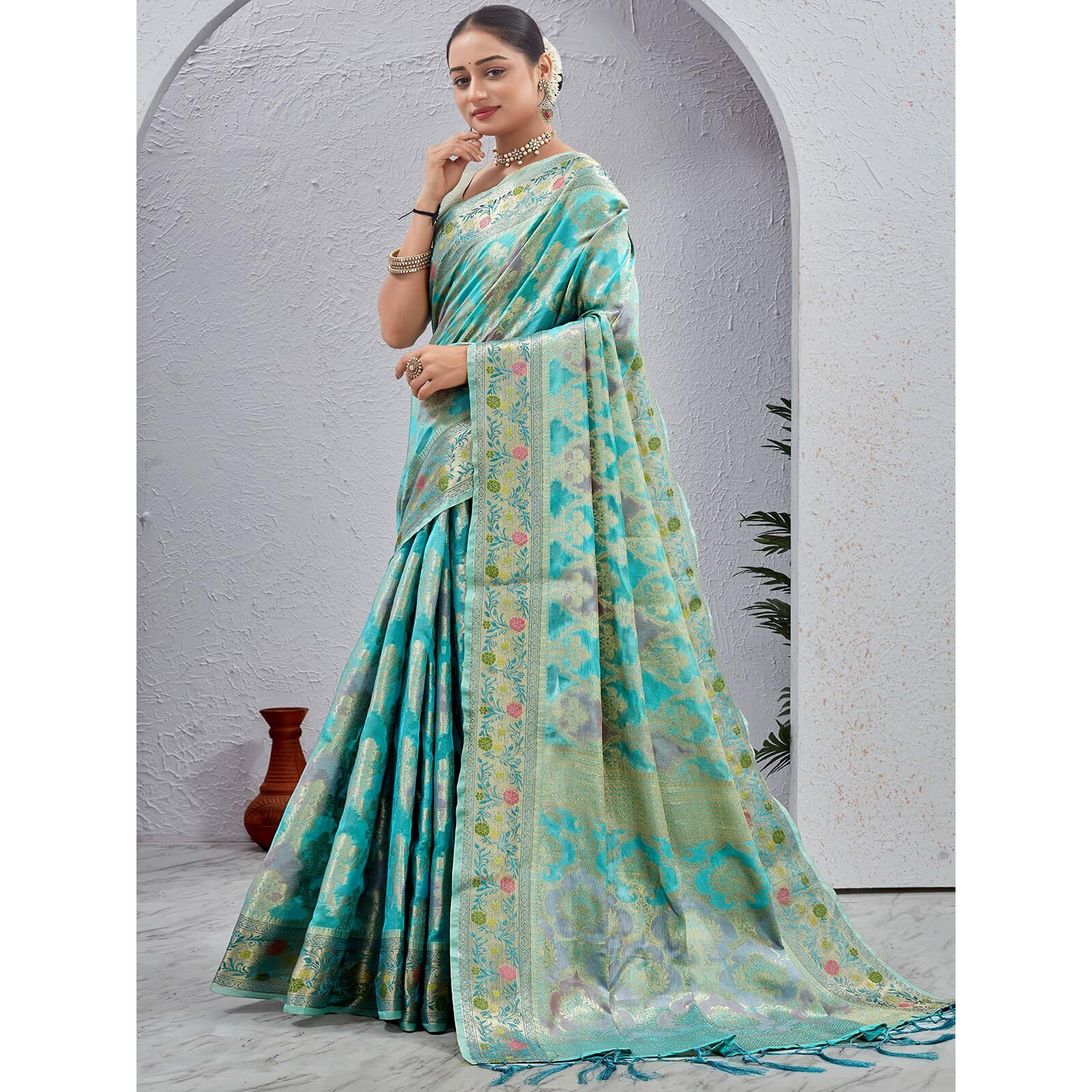 Satrani Women's Silk Weaving Saree With Unstitched Blouse Piece (4241S6681N_Turquoise)