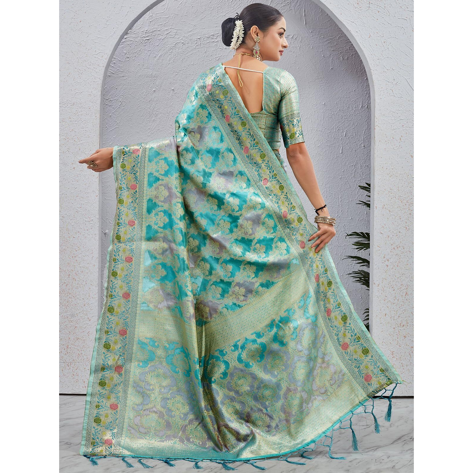 Satrani Women's Silk Weaving Saree With Unstitched Blouse Piece (4241S6681N_Turquoise)