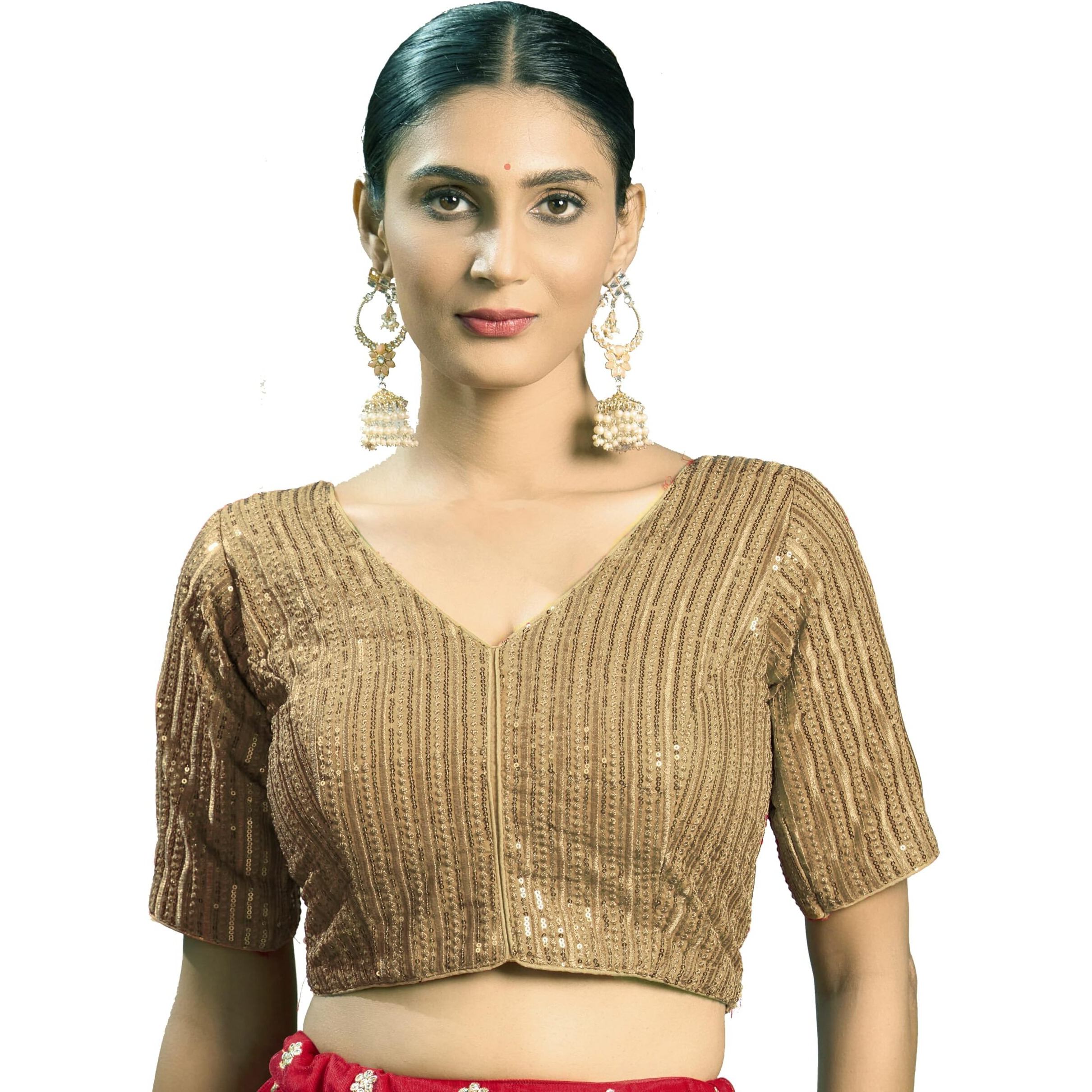 Vihu Fashion Women's Indian Ethnic Wear Designer Silver Sequence With Matching Embroidered Work V Neck Half Sleeve Readymade Padded Saree Blouse Readymade Unique Gold Color Saree Blouse