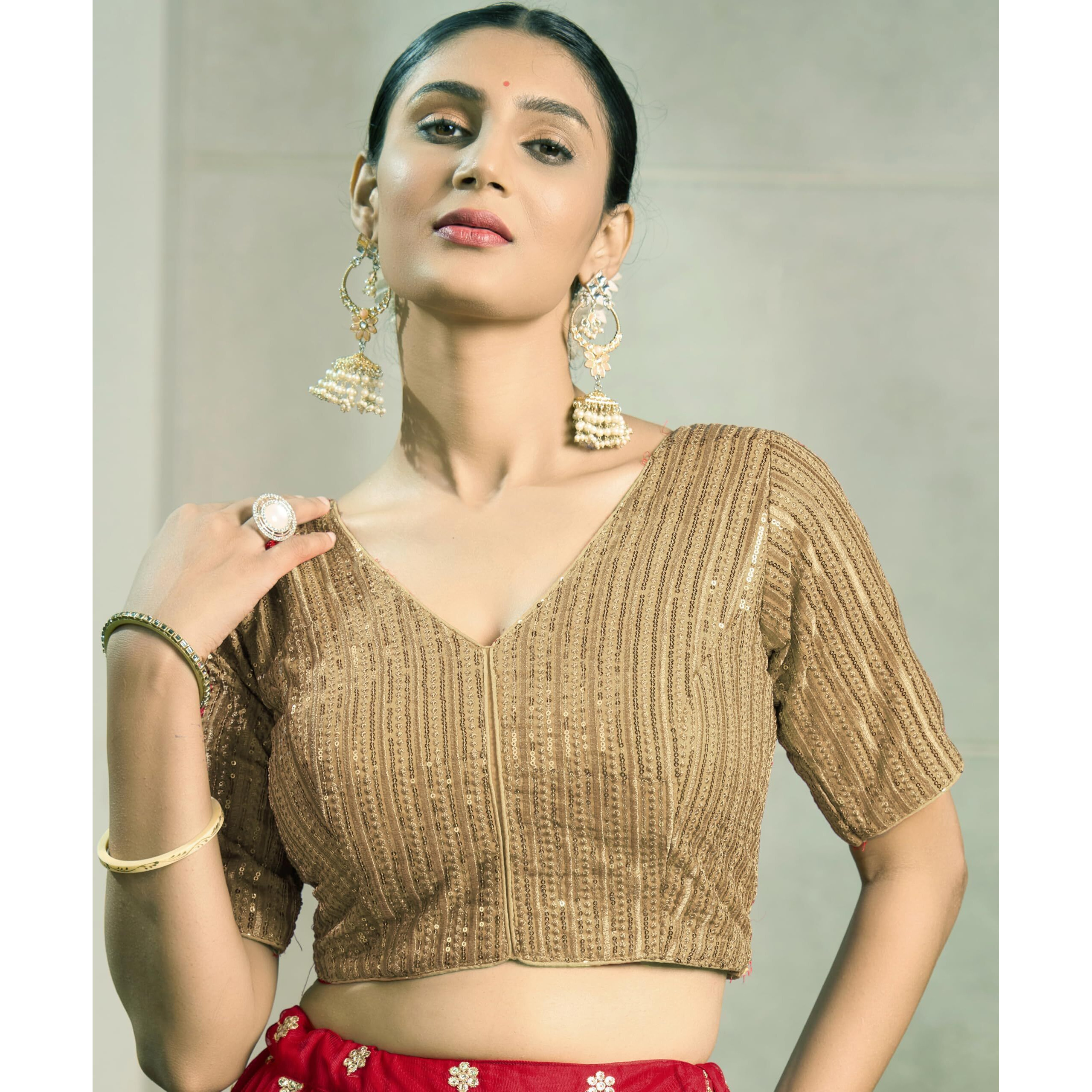 Vihu Fashion Women's Indian Ethnic Wear Designer Silver Sequence With Matching Embroidered Work V Neck Half Sleeve Readymade Padded Saree Blouse Readymade Unique Gold Color Saree Blouse