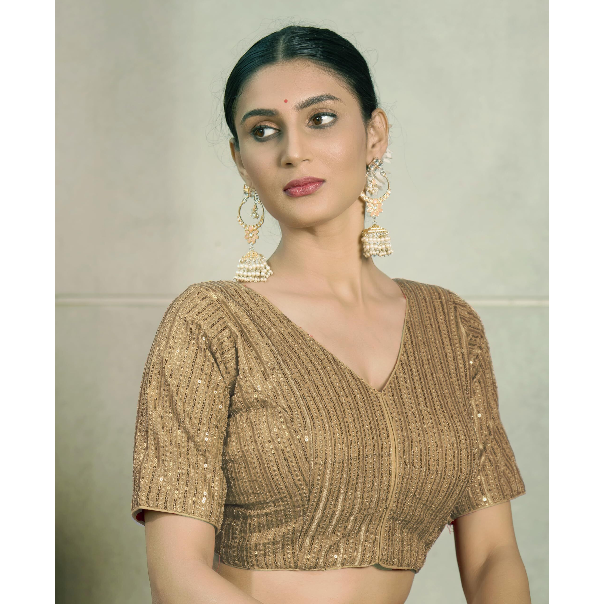 Vihu Fashion Women's Indian Ethnic Wear Designer Silver Sequence With Matching Embroidered Work V Neck Half Sleeve Readymade Padded Saree Blouse Readymade Unique Gold Color Saree Blouse