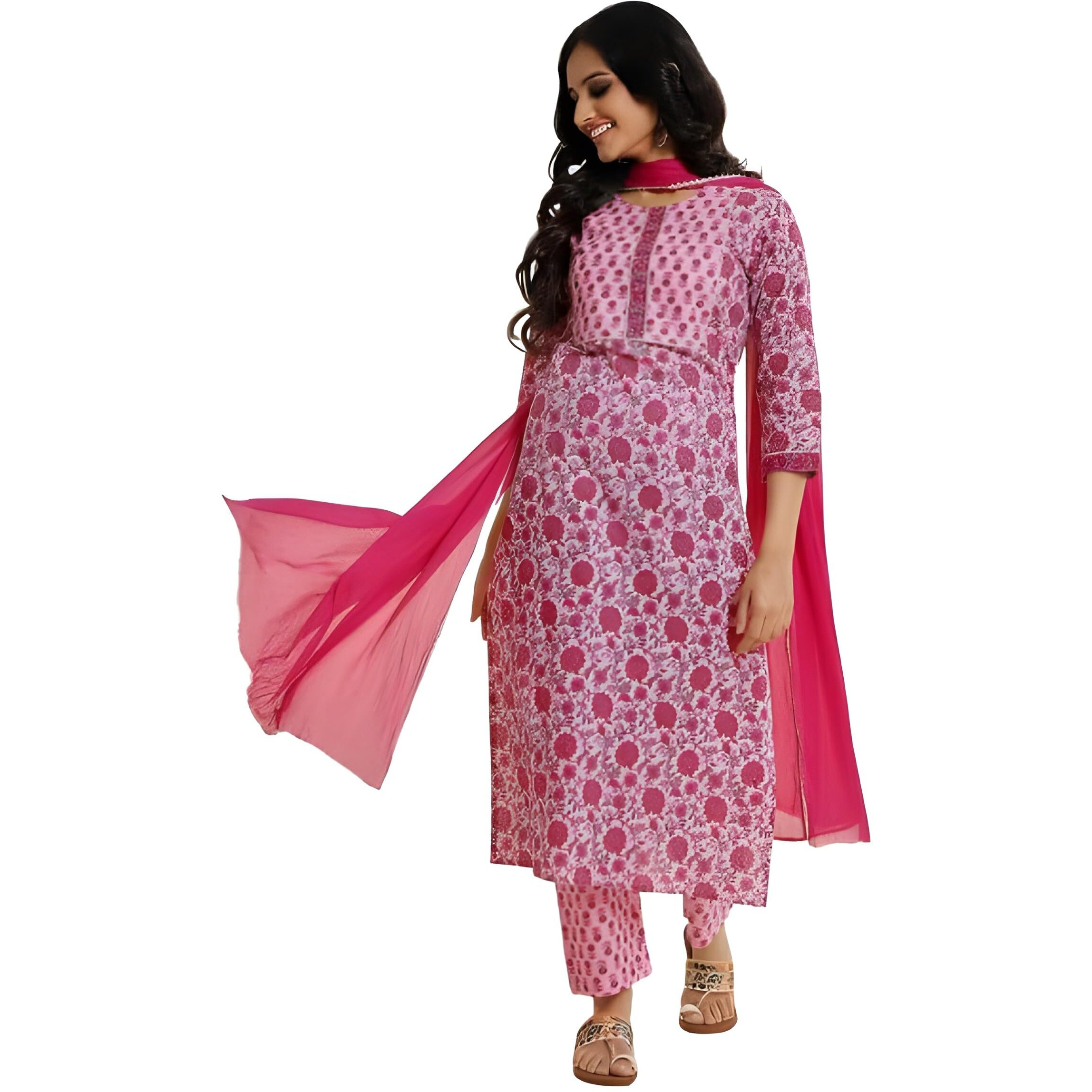 Varanga Women Fuchsia Floral Printed V-Neck Full Sleeves Anarkali Kurta With Tonal Bottom And Dupatta  Elegant Ethnic Set