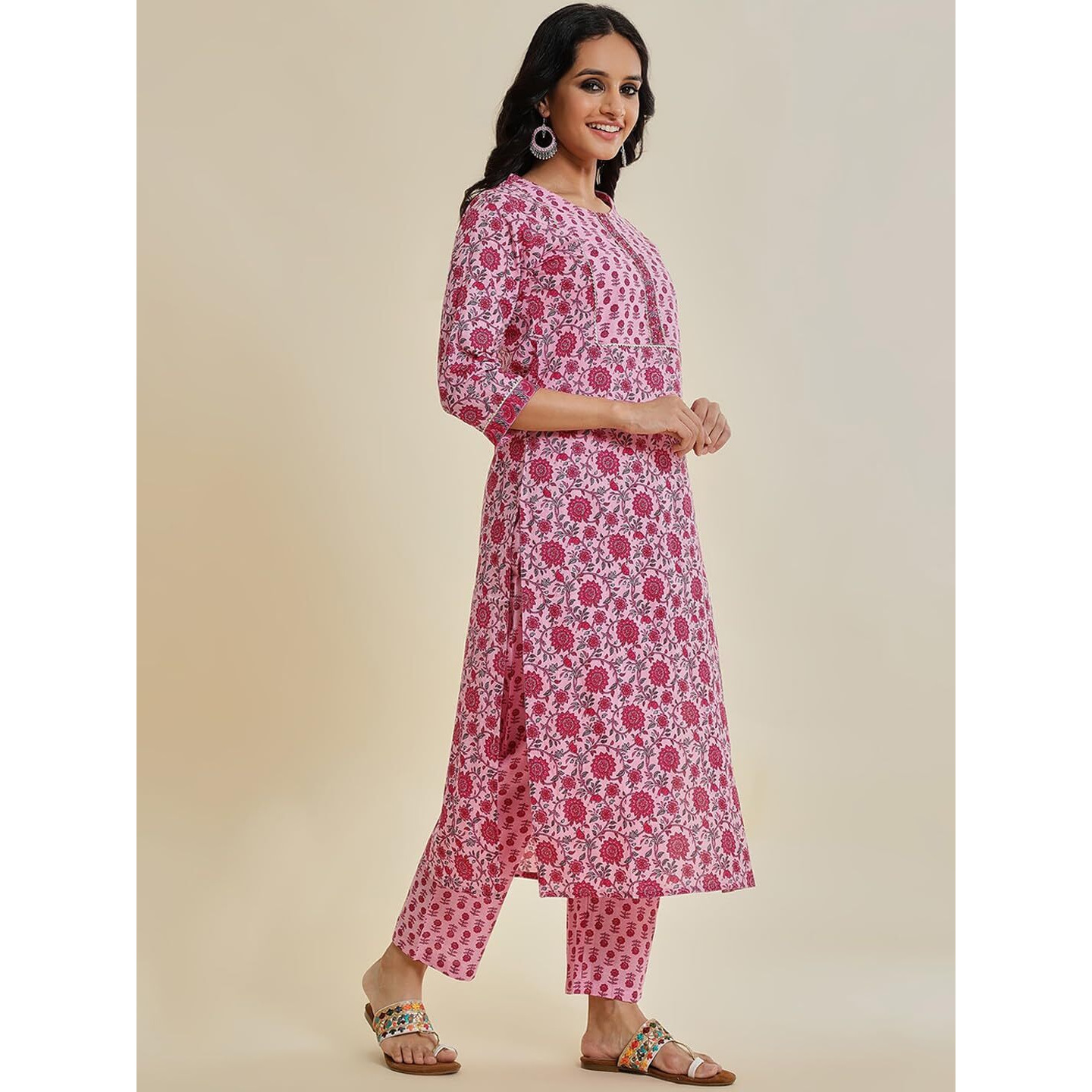Varanga Women Fuchsia Floral Printed V-Neck Full Sleeves Anarkali Kurta With Tonal Bottom And Dupatta  Elegant Ethnic Set