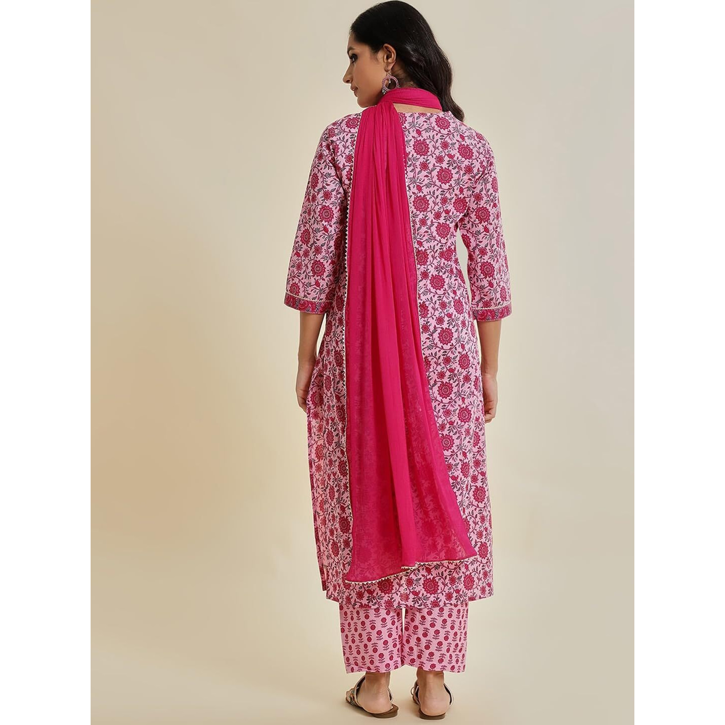 Varanga Women Fuchsia Floral Printed V-Neck Full Sleeves Anarkali Kurta With Tonal Bottom And Dupatta  Elegant Ethnic Set