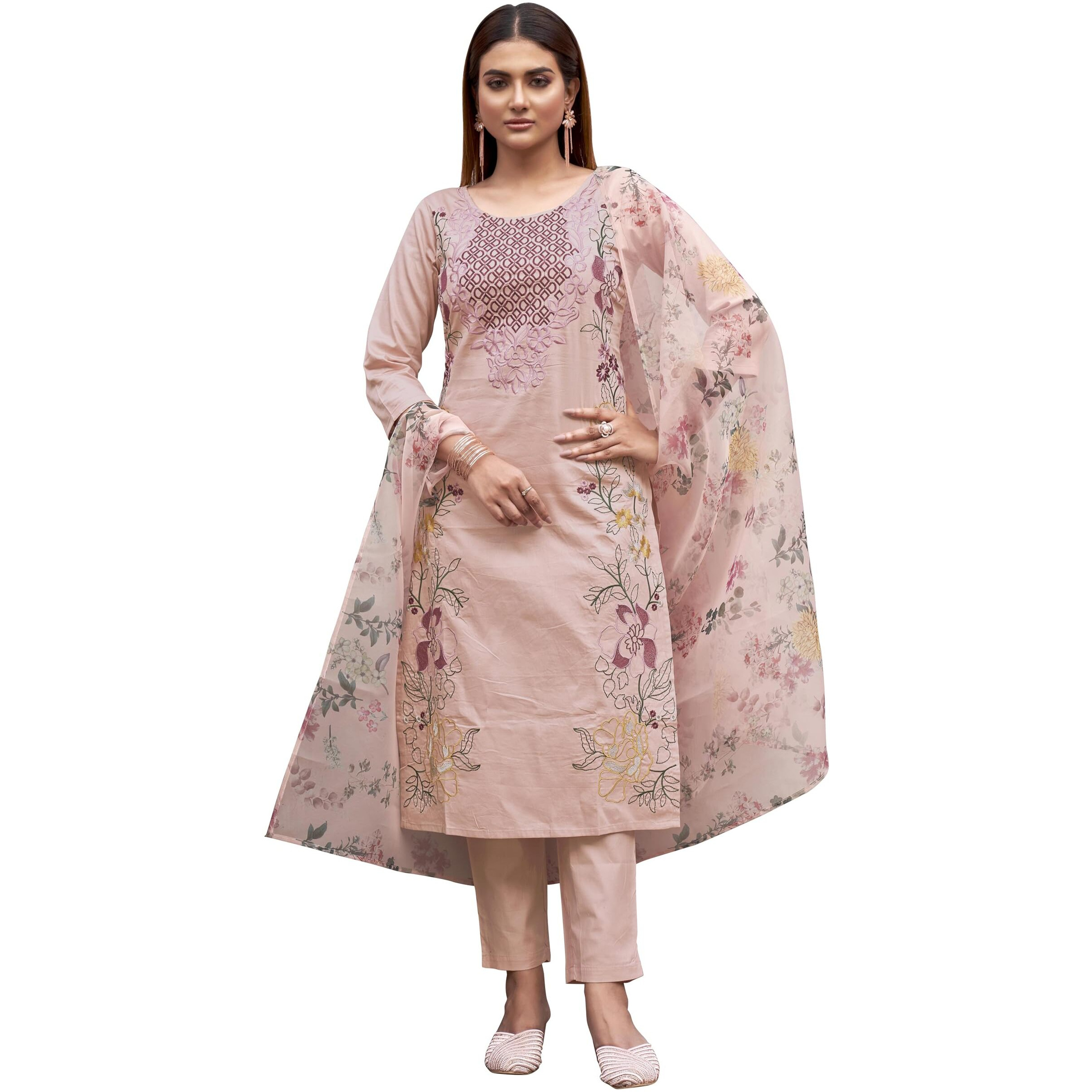 Womanista Women's Cotton Blend Solid Straight Embroidered Kurta Set (Kurtaset_1377_Peach