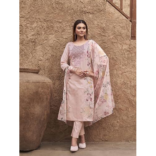 Womanista Women's Cotton Blend Solid Straight Embroidered Kurta Set (Kurtaset_1377_Peach