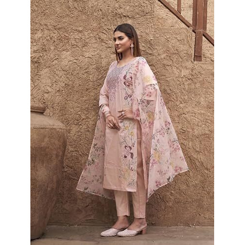 Womanista Women's Cotton Blend Solid Straight Embroidered Kurta Set (Kurtaset_1377_Peach