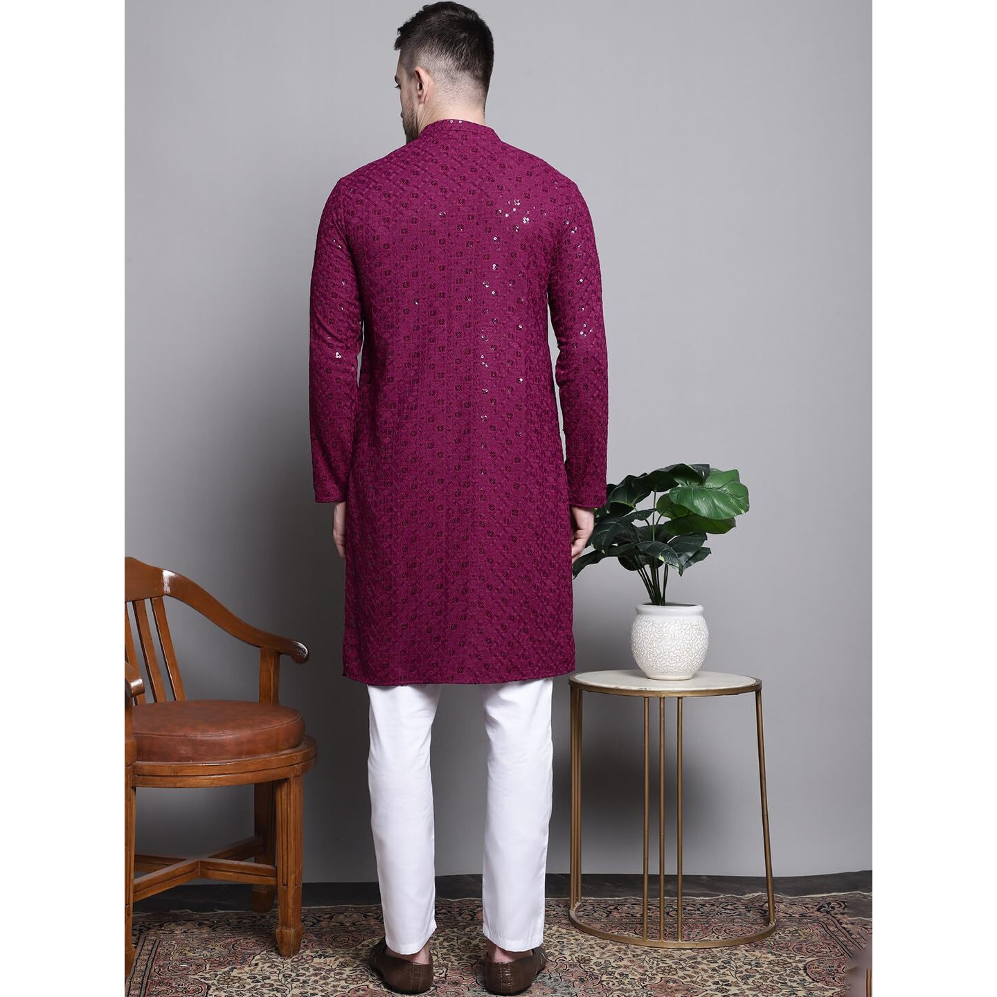 Jompers Men's Sequin Embroidered Pure Cotton Kurta With Pyjamas (Purple, L)
