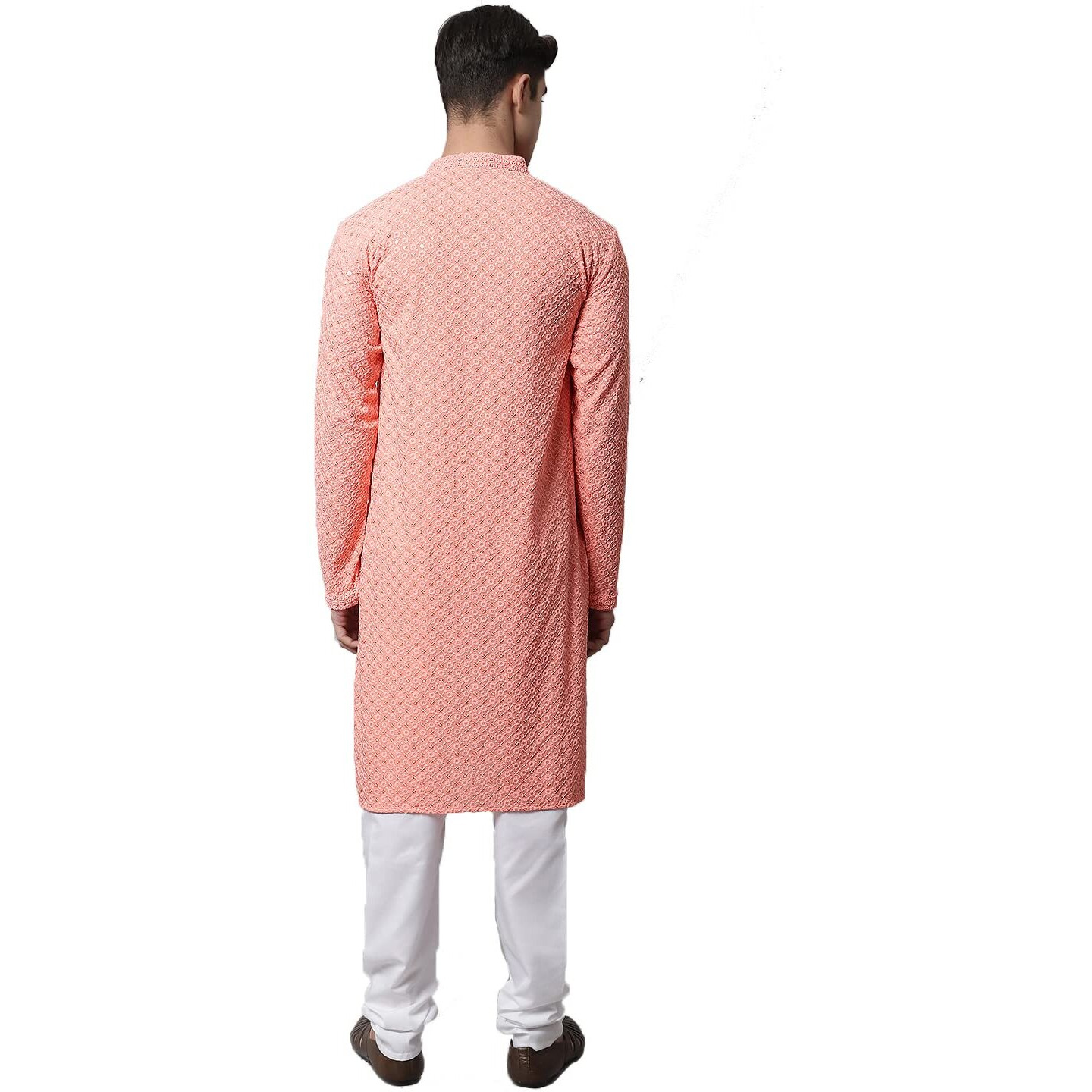 Jompers Men Chikankari Embroidered And Sequence Kurta With Churidar (Peach, M)