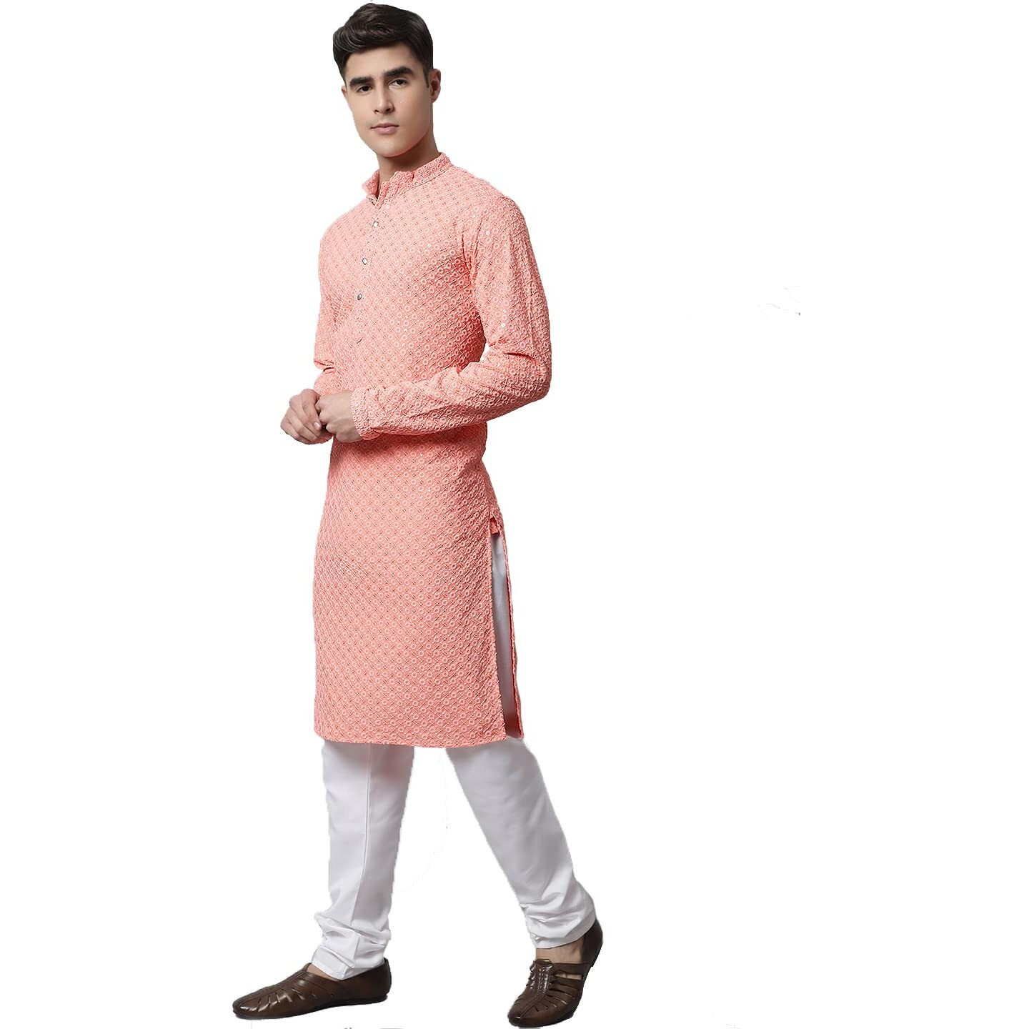 Jompers Men Chikankari Embroidered And Sequence Kurta With Churidar (Peach, M)
