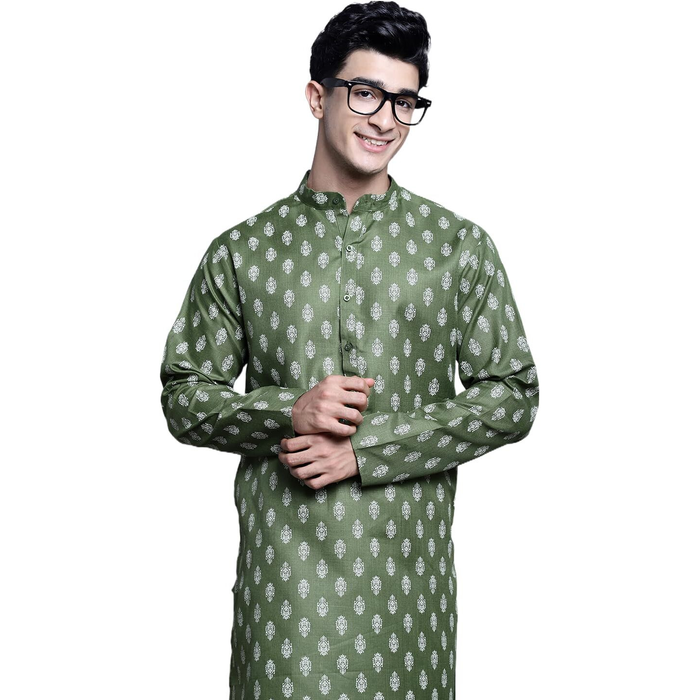 Jompers Men's Cotton Floral Printed Kurtas (Olive, L)