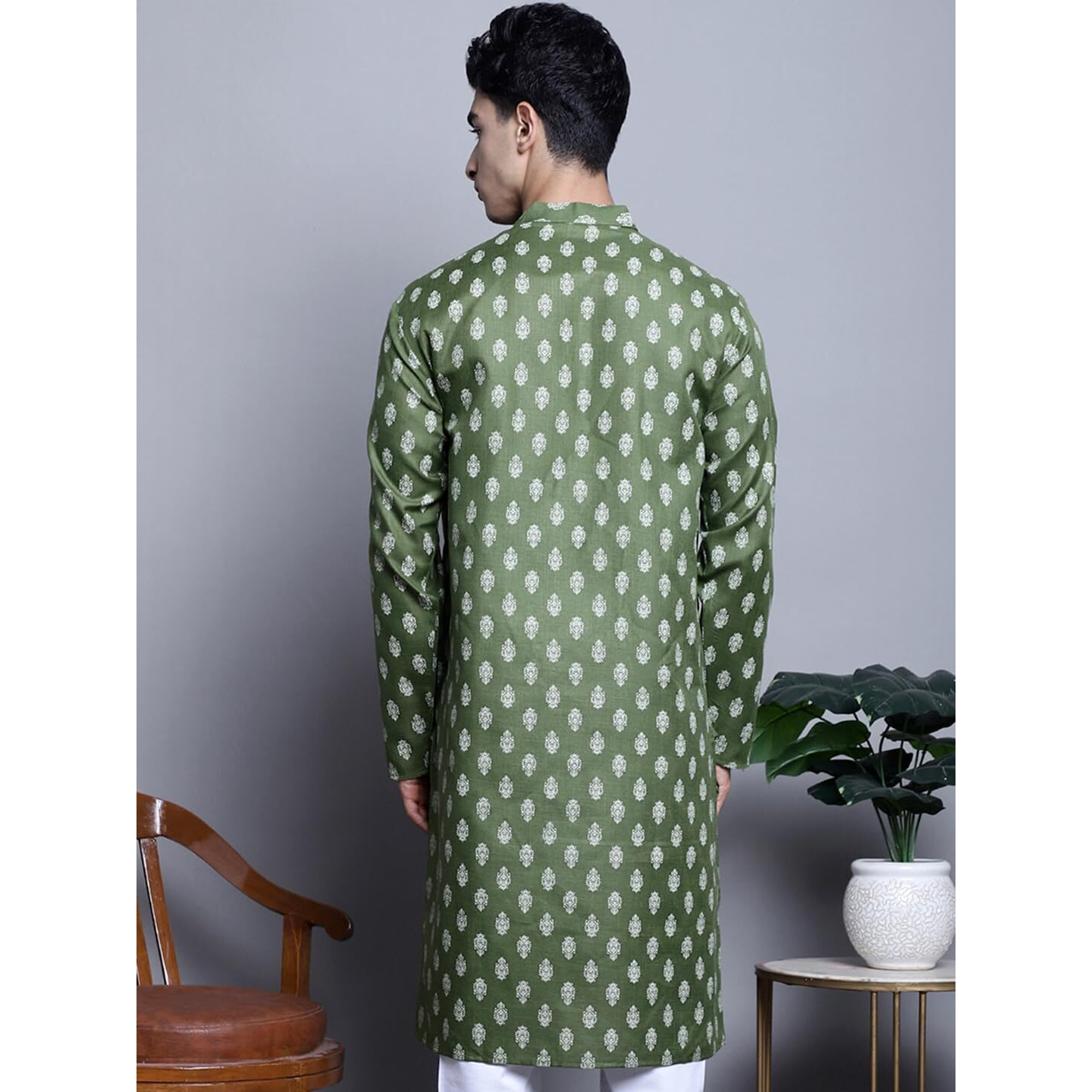 Jompers Men's Cotton Floral Printed Kurtas (Olive, L)