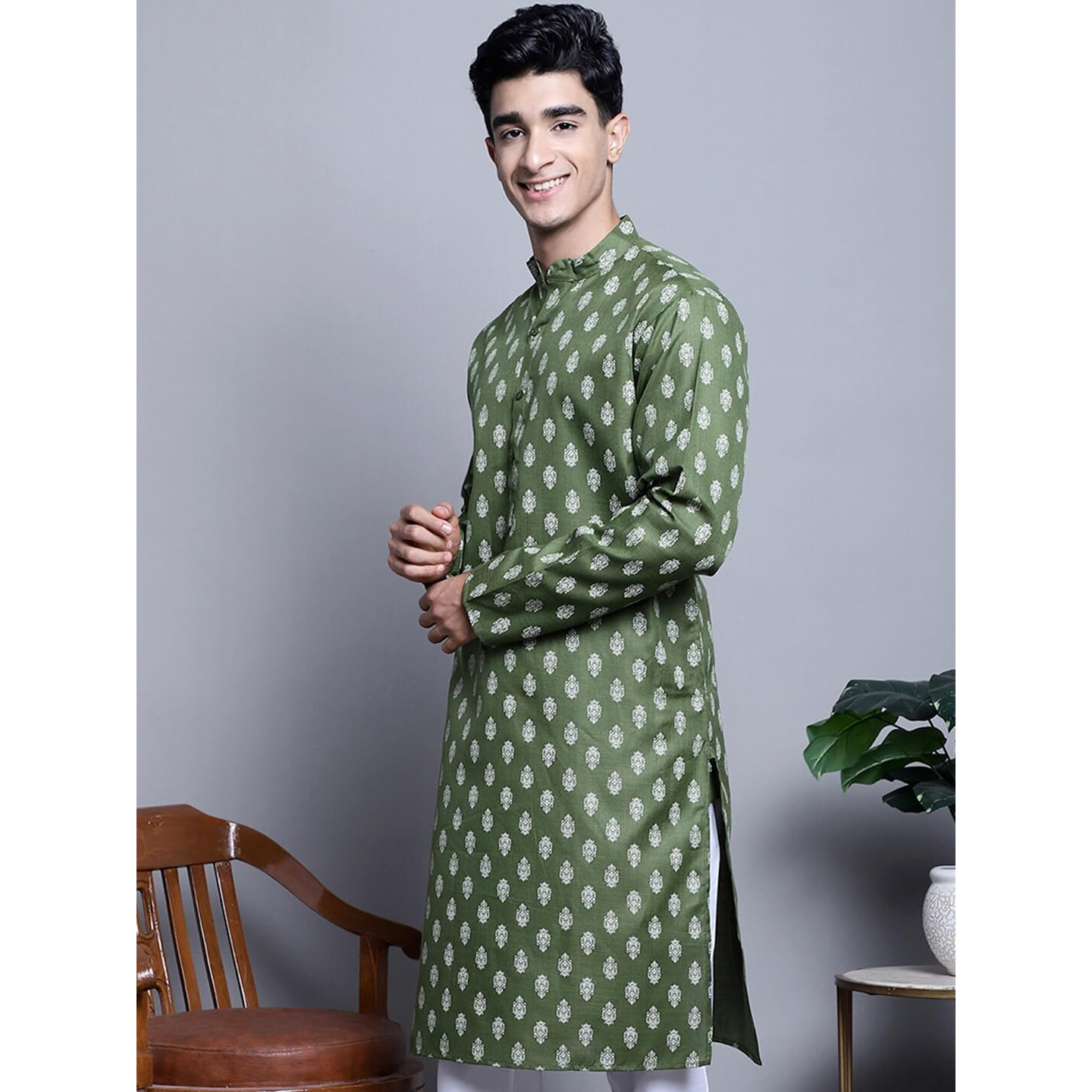 Jompers Men's Cotton Floral Printed Kurtas (Olive, L)