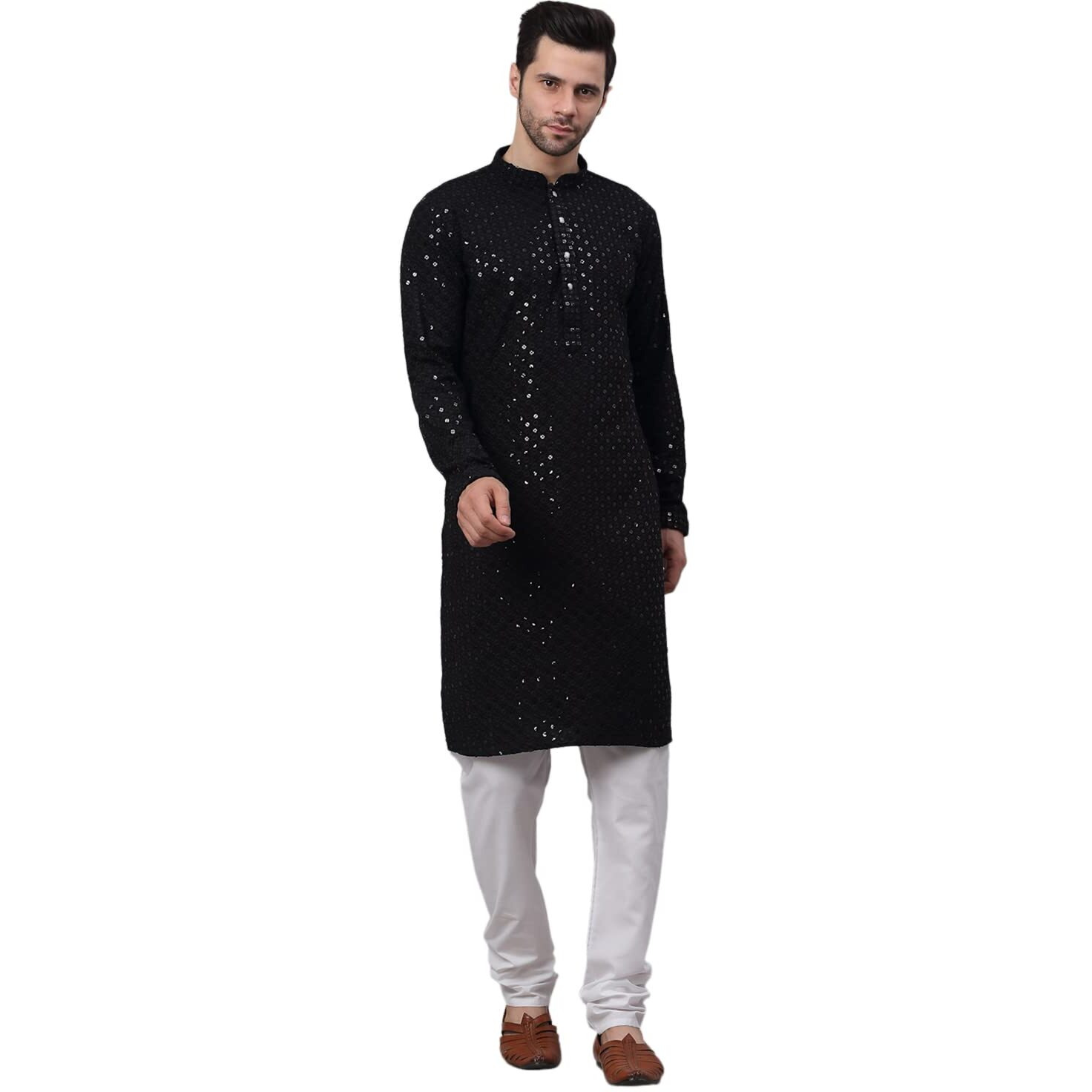 Jompers Men's Black Chikankari Embroidered And Sequence Kurta With Churidar (Black,L)