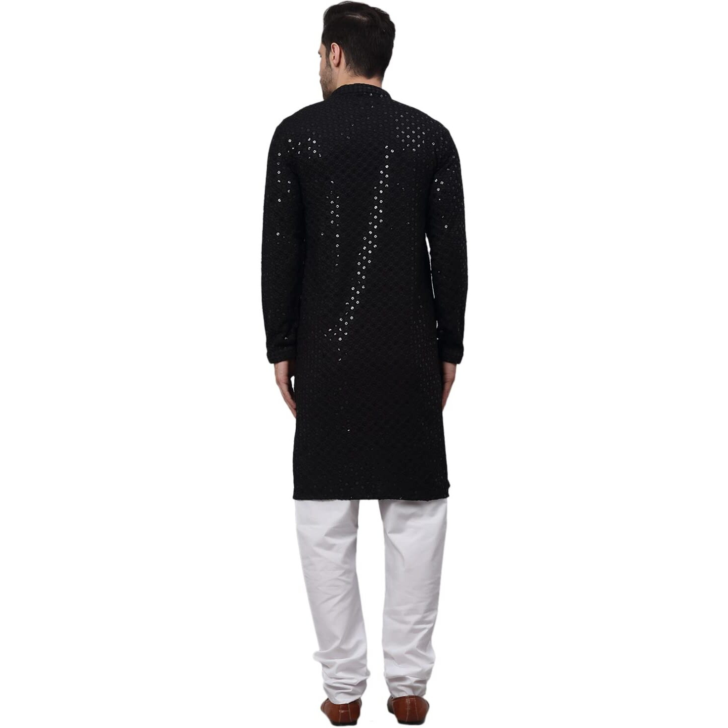 Jompers Men's Black Chikankari Embroidered And Sequence Kurta With Churidar (Black,L)
