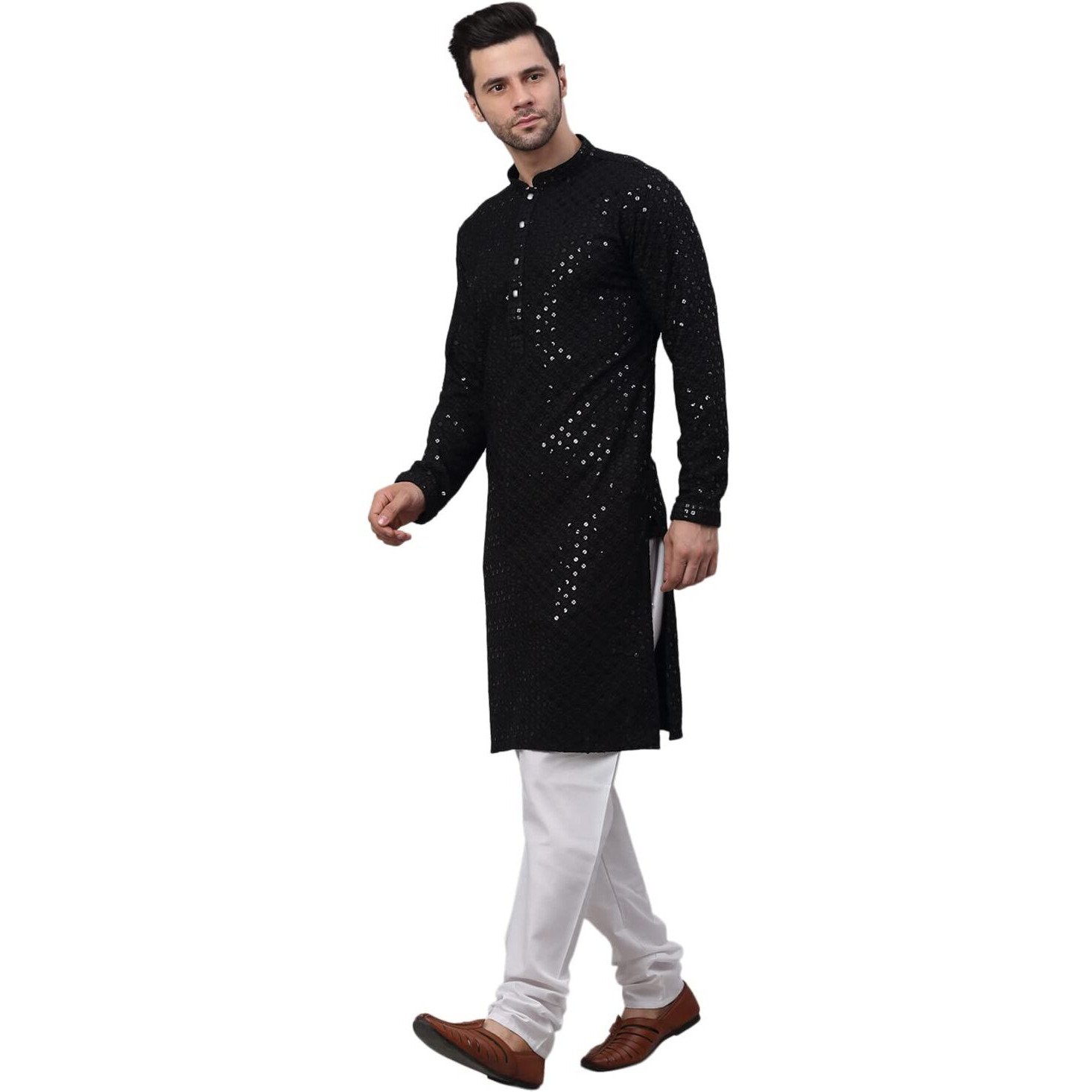 Jompers Men's Black Chikankari Embroidered And Sequence Kurta With Churidar (Black,L)