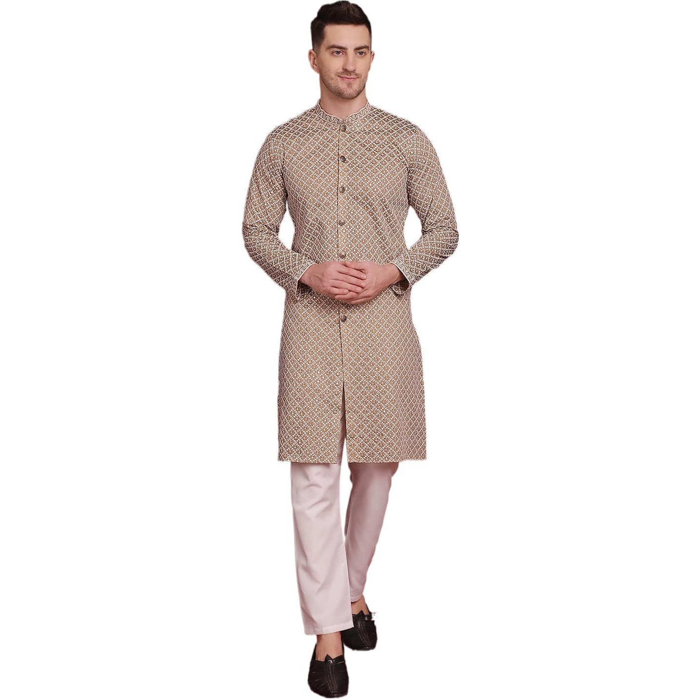 Jompers Men's Sequin Chikankari Front Open Kurta With Pyjamas (Beige, S)