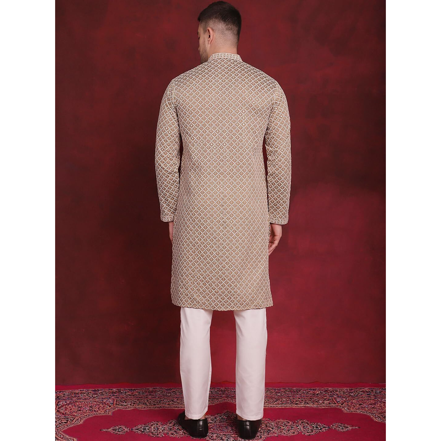 Jompers Men's Sequin Chikankari Front Open Kurta With Pyjamas (Beige, S)