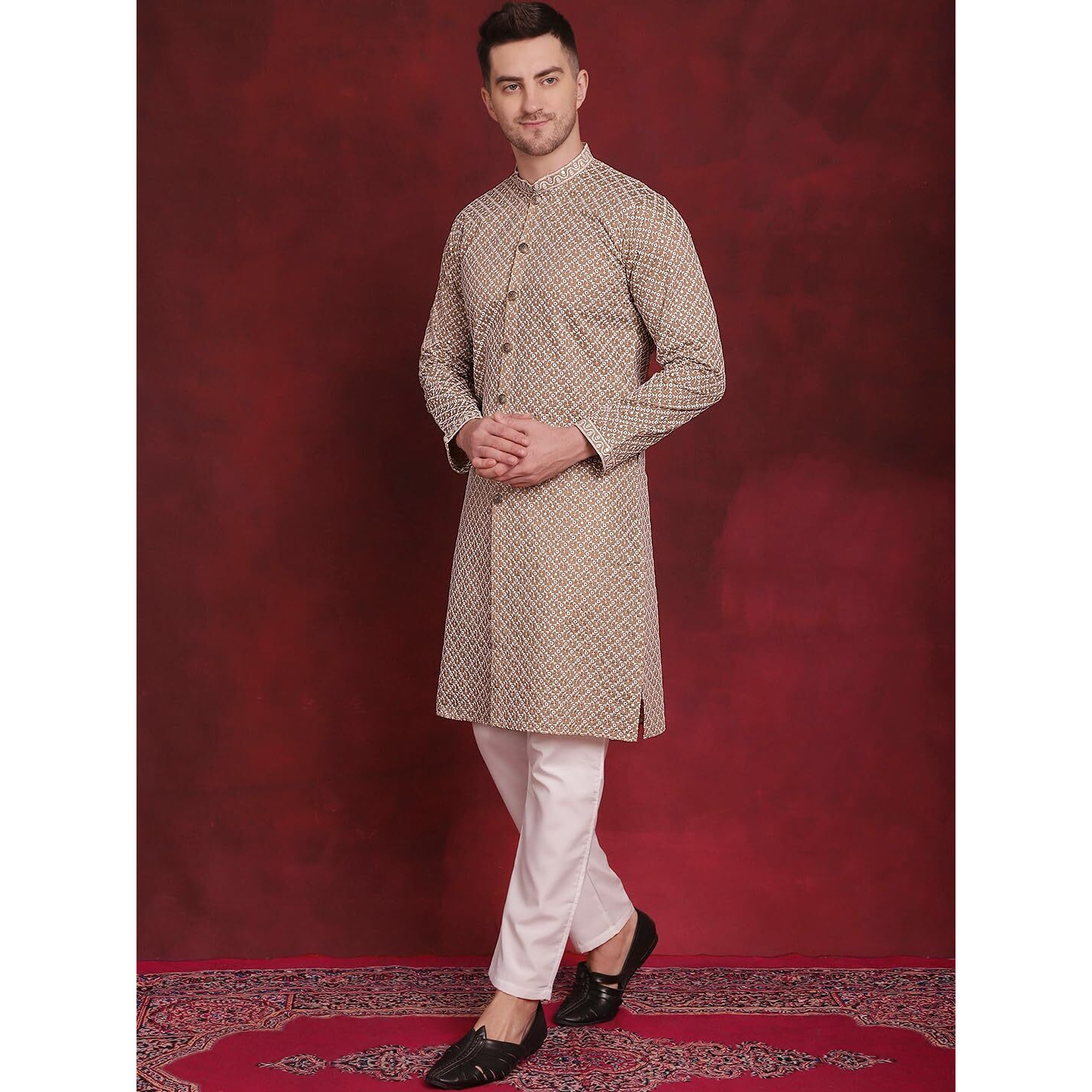 Jompers Men's Sequin Chikankari Front Open Kurta With Pyjamas (Beige, S)
