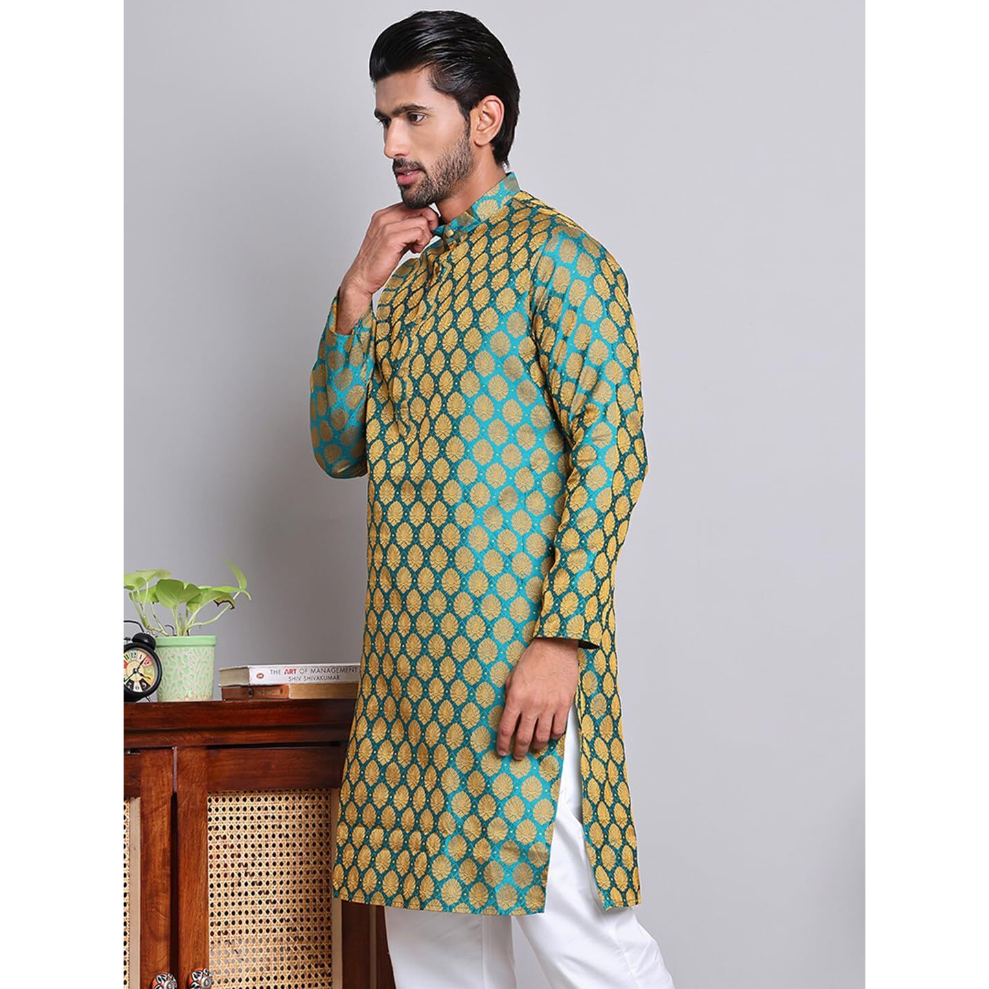 Jompers Men's Silk Blend Straight Kurta (Kko_586Green_M_Green_M)