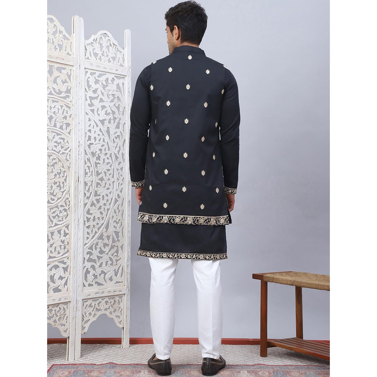Jompers Black Men's Embroidered Waistcoat And Kurta Pyjama (Black, Xxl)