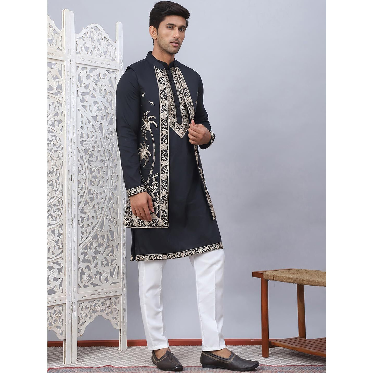 Jompers Black Men's Embroidered Waistcoat And Kurta Pyjama (Black, Xxl)